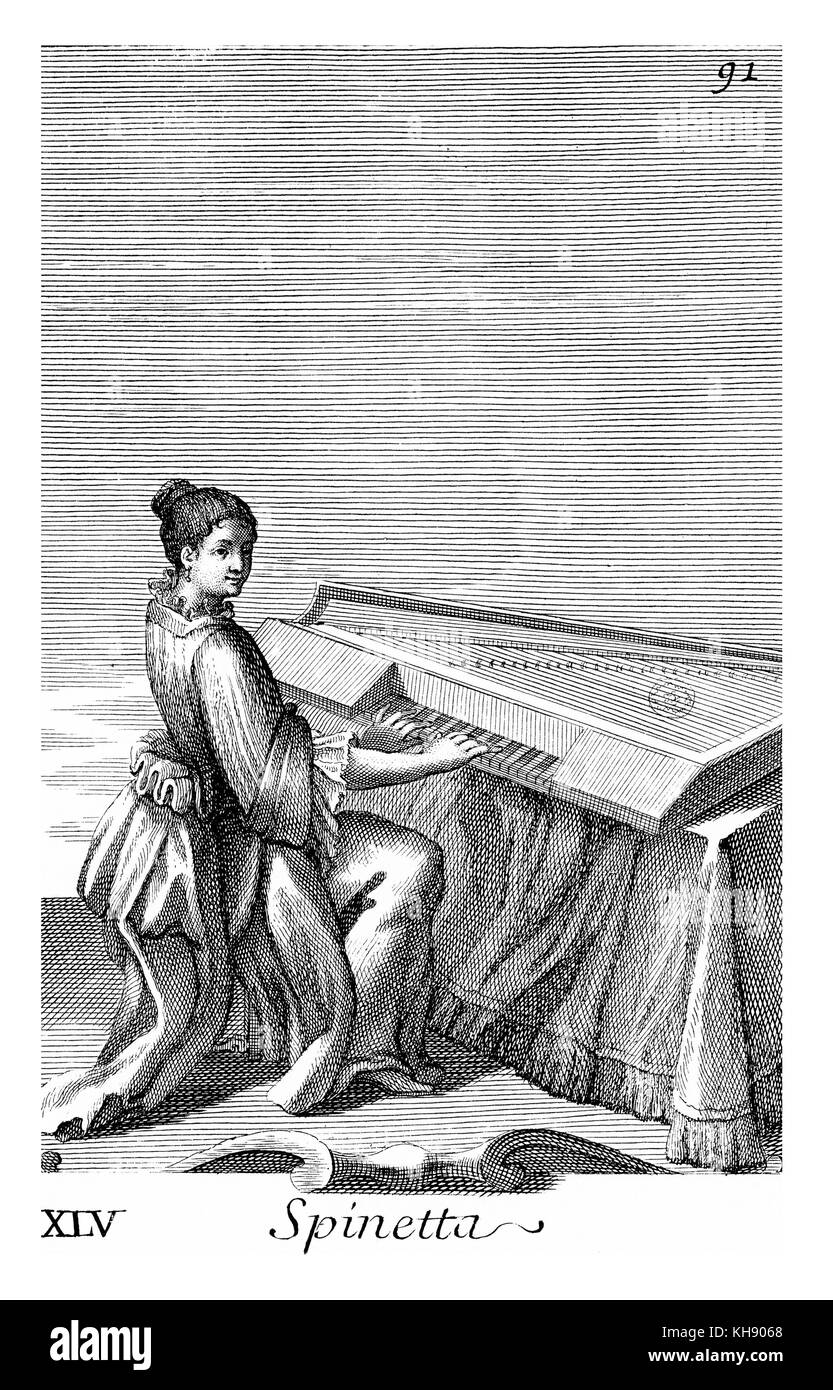 Woman playing the Spinet - small domestic harpsichord. Illustration from Filippo Bonanni's  'Gabinetto Armonico'  published in 1723, Illustration 45. Engraving by Arnold van Westerhout. Caption reads Spinetta. Stock Photo