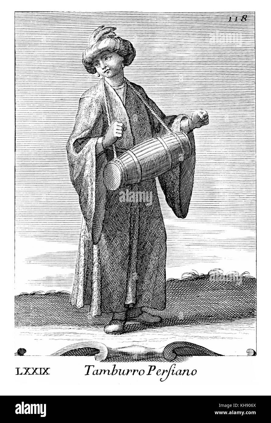 Man Playing small (Persian) barrel drum, played with the hands. Illustration from Filippo Bonanni's  'Gabinetto Armonico'  published in 1723, Illustration 79. Engraving by Arnold van Westerhout. Caption reads Tamburro Persiano. Stock Photo