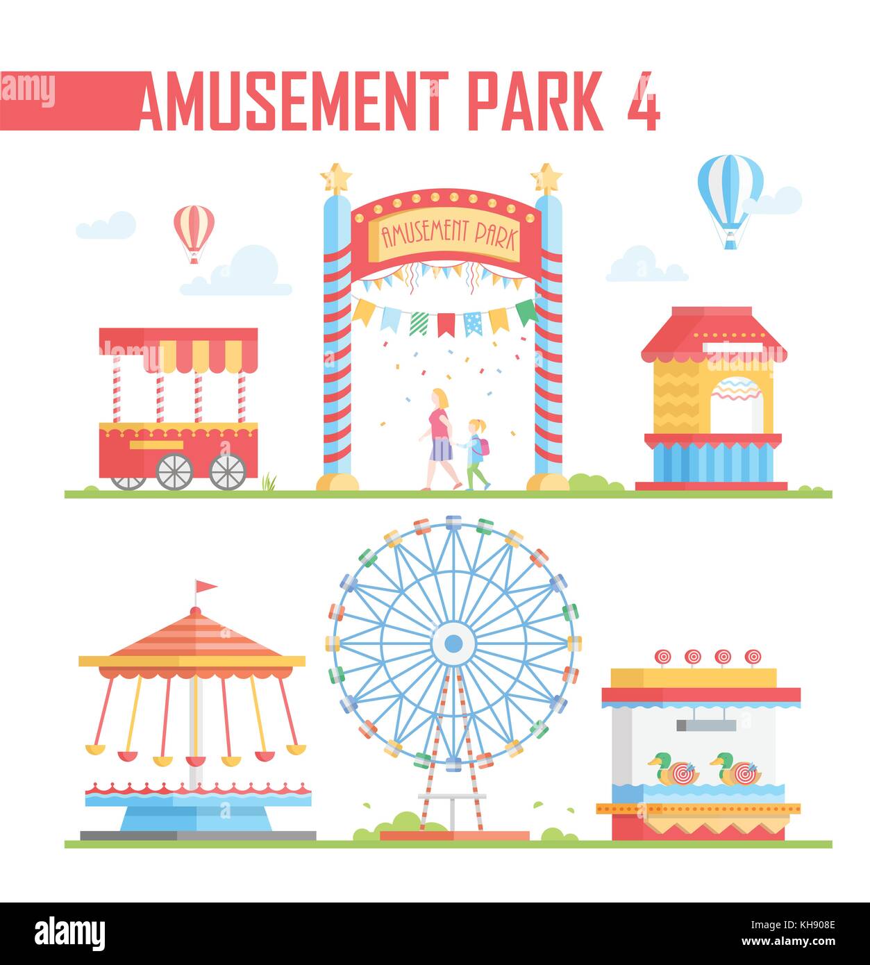 Set of amusement park elements modern vector illustration Stock
