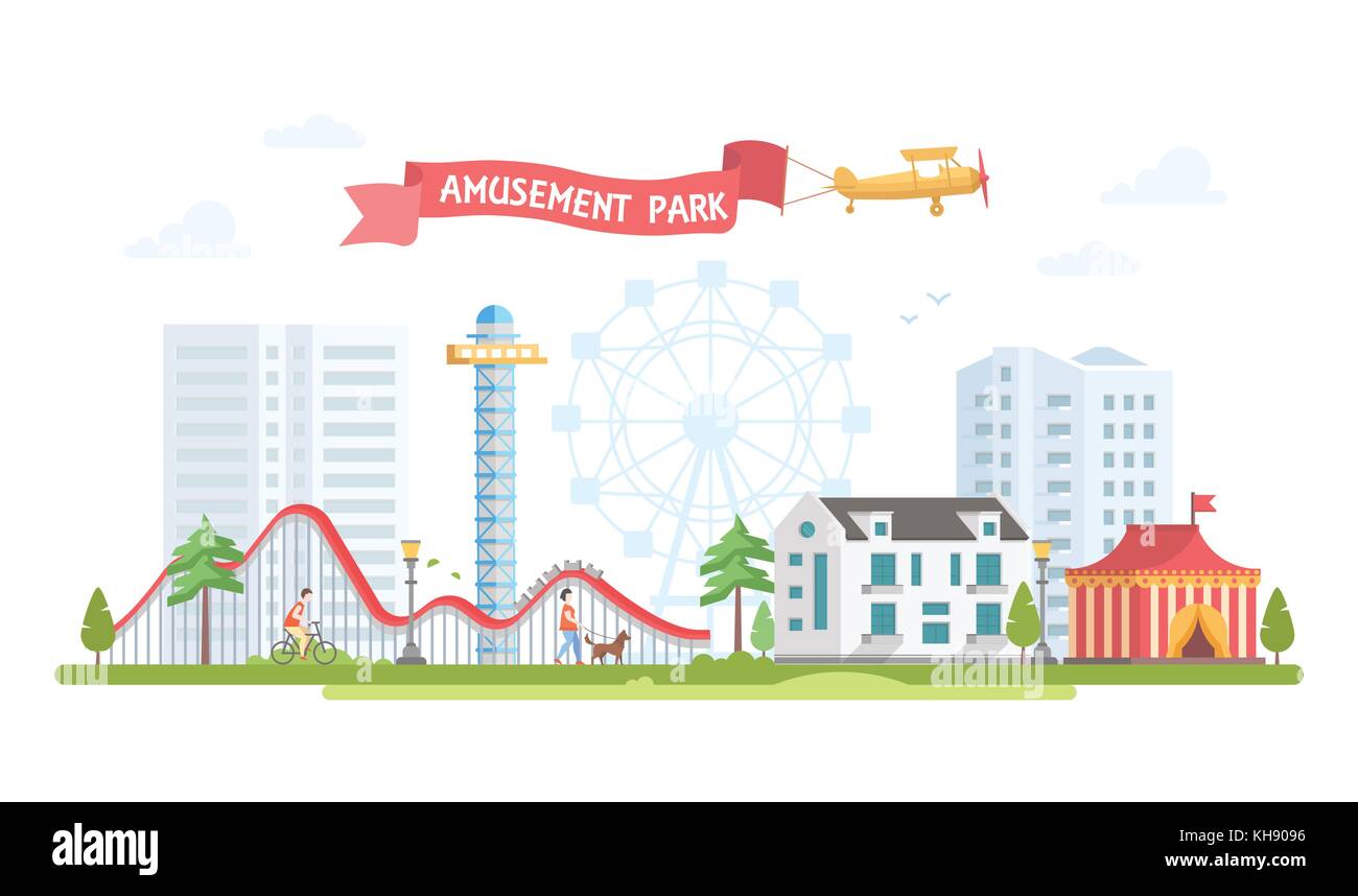 City with amusement park - modern flat design style vector illustration ...