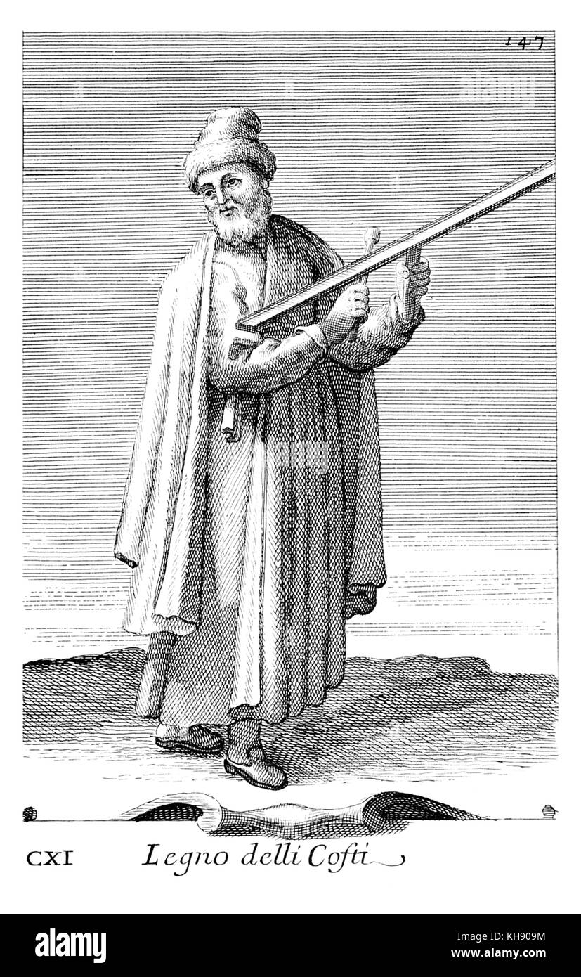 Legno delli Cofti - wooden semanterion, used by Coptic priests. Illustration from Filippo Bonanni's  'Gabinetto Armonico'  published in 1723, Illustration 111. Stock Photo