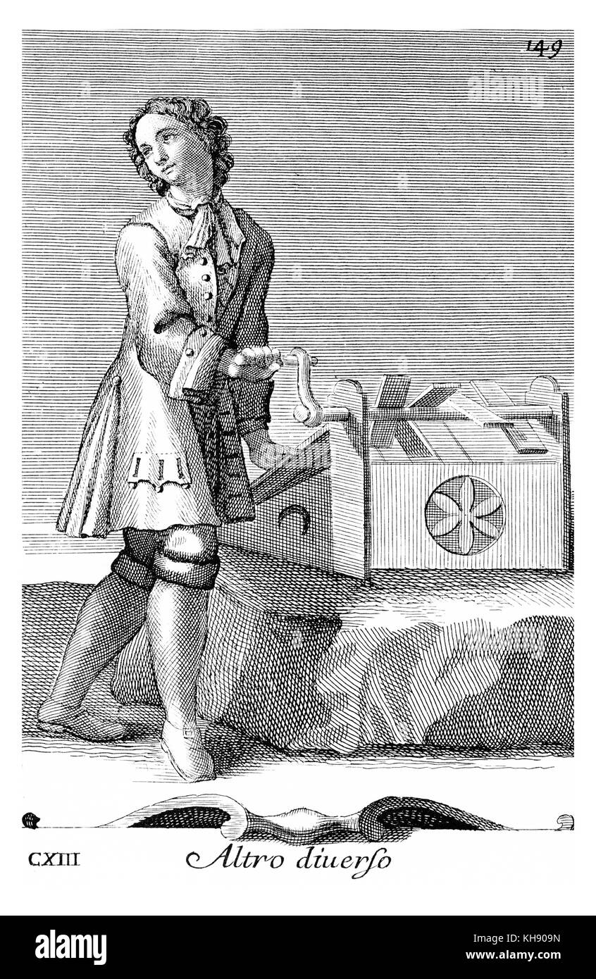 Altro diuerso - box rattle. Illustration from Filippo Bonanni's  'Gabinetto Armonico'  published in 1723, Illustration 113. Stock Photo