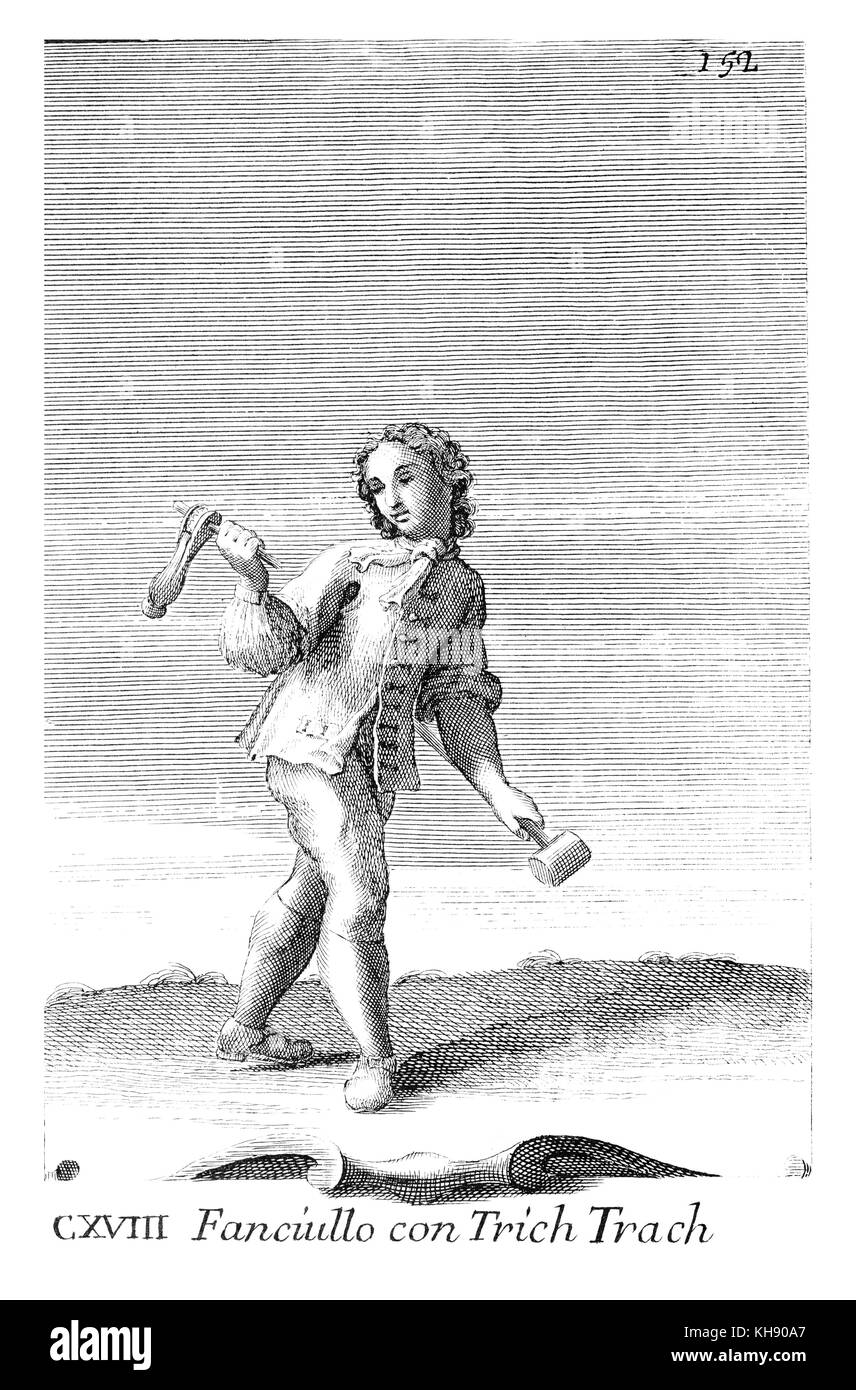 Fanciullo con Trich Trach - cog rattle. Illustration from Filippo Bonanni's  'Gabinetto Armonico'  published in 1723, Illustration 118. Stock Photo