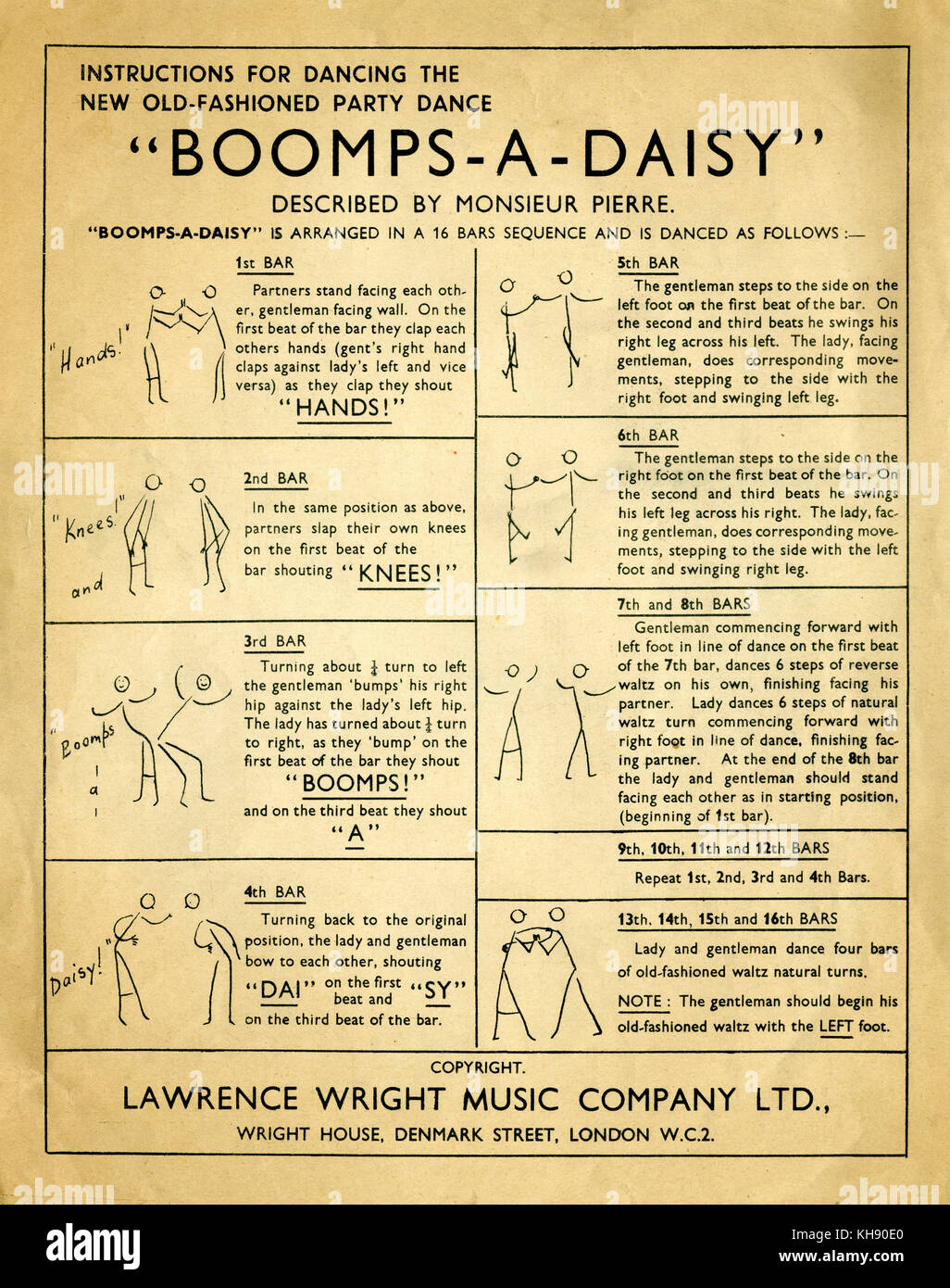 Instructions for dancing the Hands, Knees and Boomps-a-Daisy dance, described by Monsieur Pierre. Words and music by Annette Mills, Lawrence Wright Music Co, 1939. Stock Photo