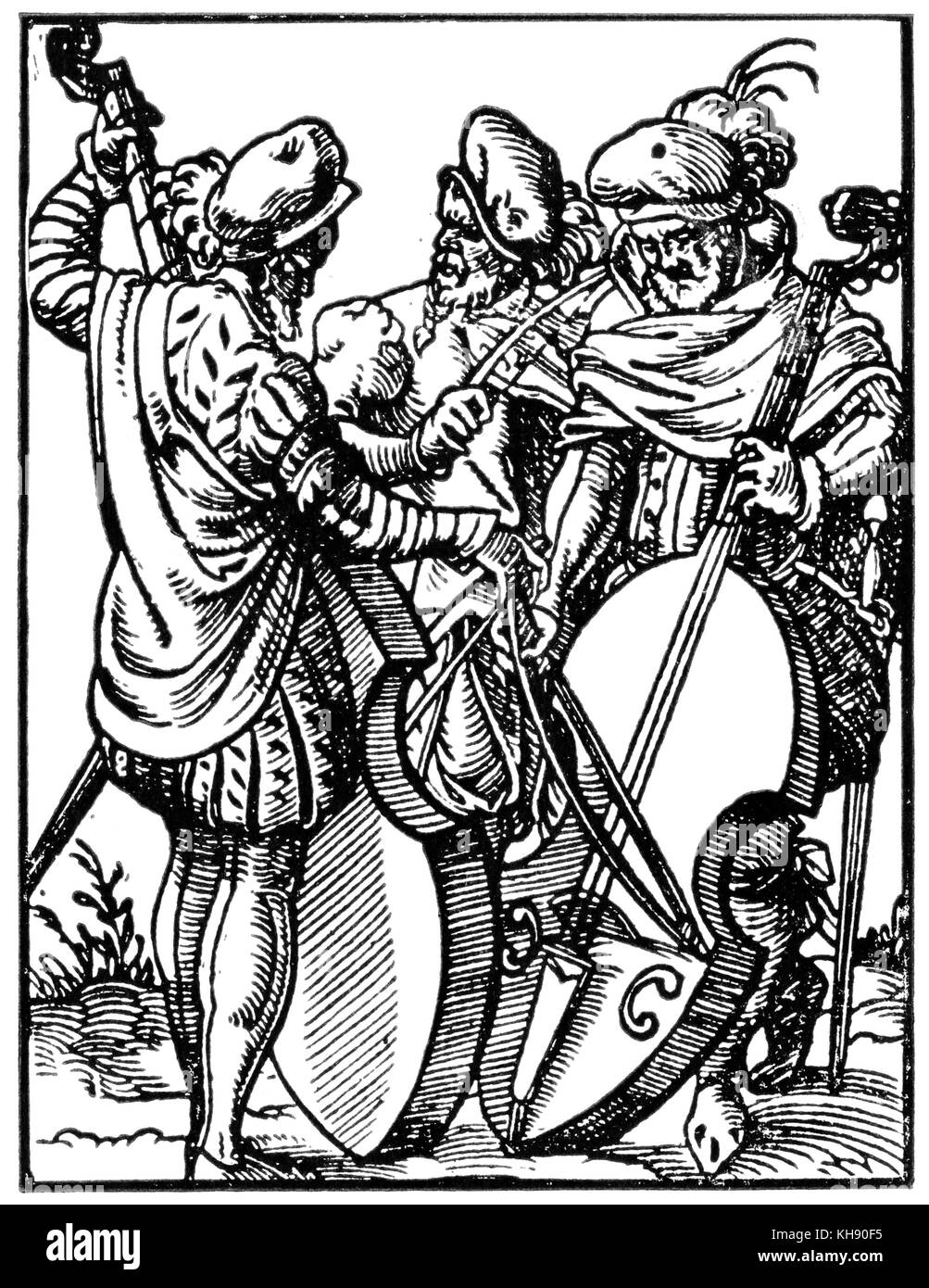 Three string players - bass viols and small fiddle. from the Book of Trades / Das Standebuch (Panoplia omnium illiberalium mechanicarum...), Collection of woodcuts by Jost Amman (13 June 1539 -17 March 1591), 1568 with accompanying rhyme by Hans Sachs (5 November 1494 - 19 January 1576) Stock Photo