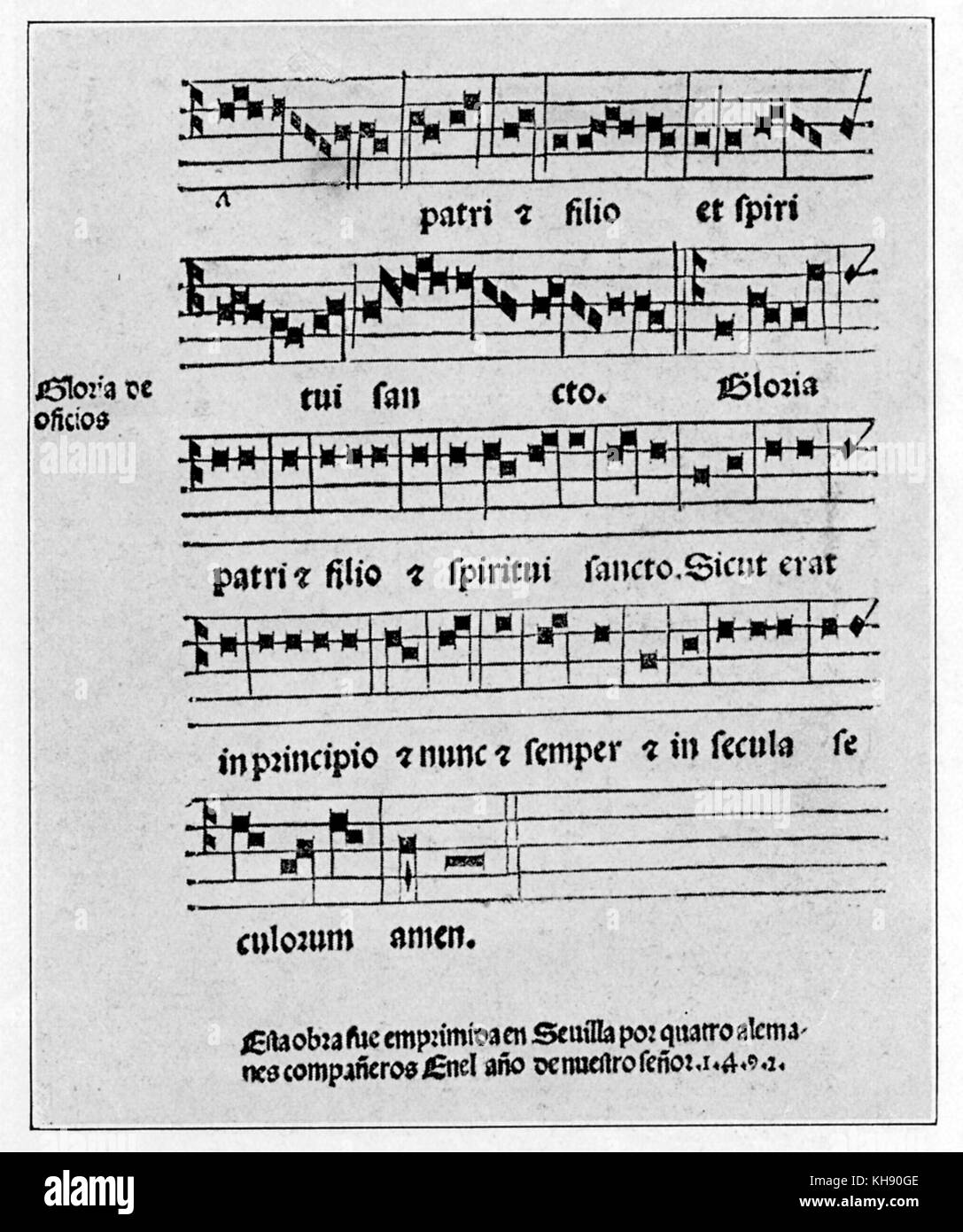 'Lux Bella' score Seville, 1492.  The first Spanish printed music. The printer's note reads: 'This work was printed in Seville by four German craftsmen in the year of Our Lord 1492'). Stock Photo