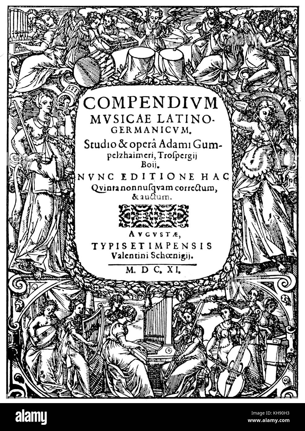 Compendium Musicae (fifth edition). Woodcut title-page, with concert of angels and muses. Augsburg, 1611. Stock Photo