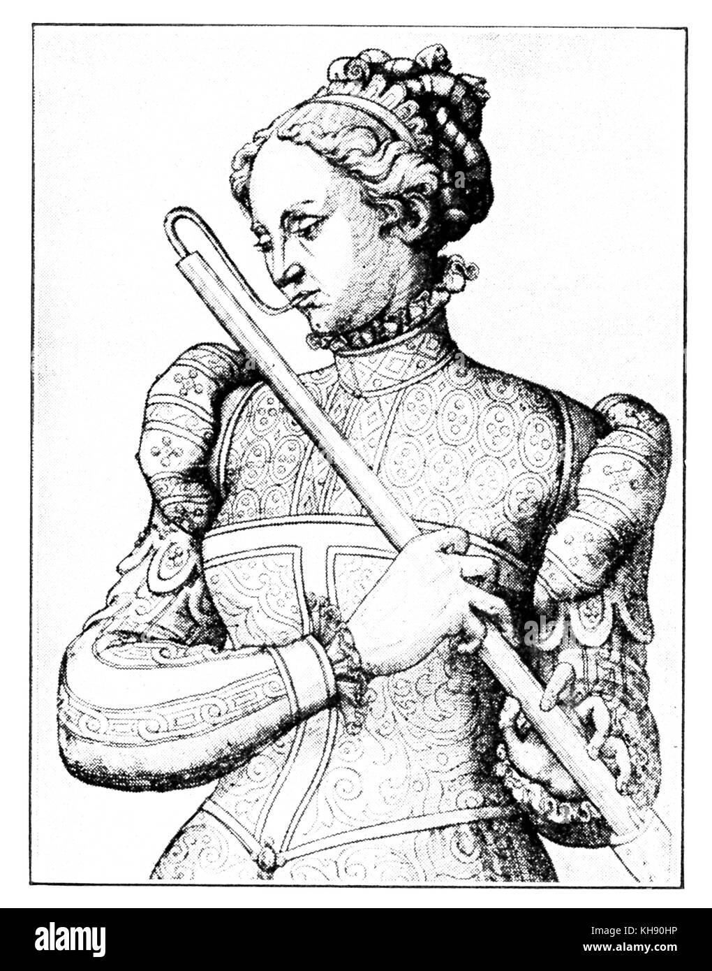 'The Consert' -   Lady playing the bass flute. unsigned series of French woodcuts, c. 1570. Stock Photo
