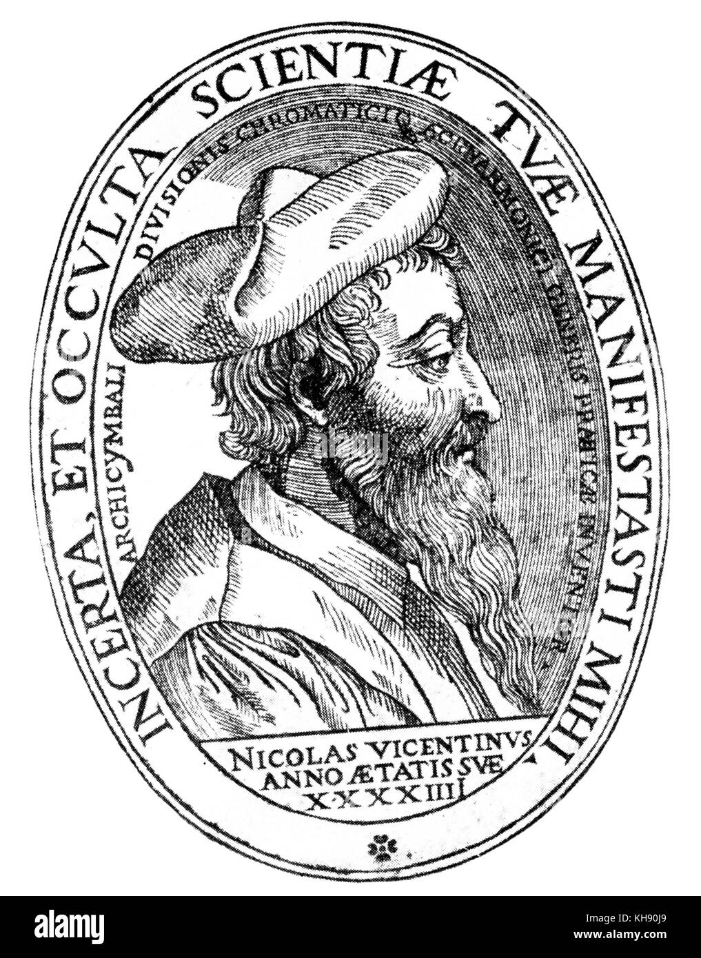 Portrait of Nicola Vincentino. Woodcut from 'L'antica musica ridotta alla moderna prattica', Rome, 1555. Italian music composer and theorist 1511 – 1575. Stock Photo