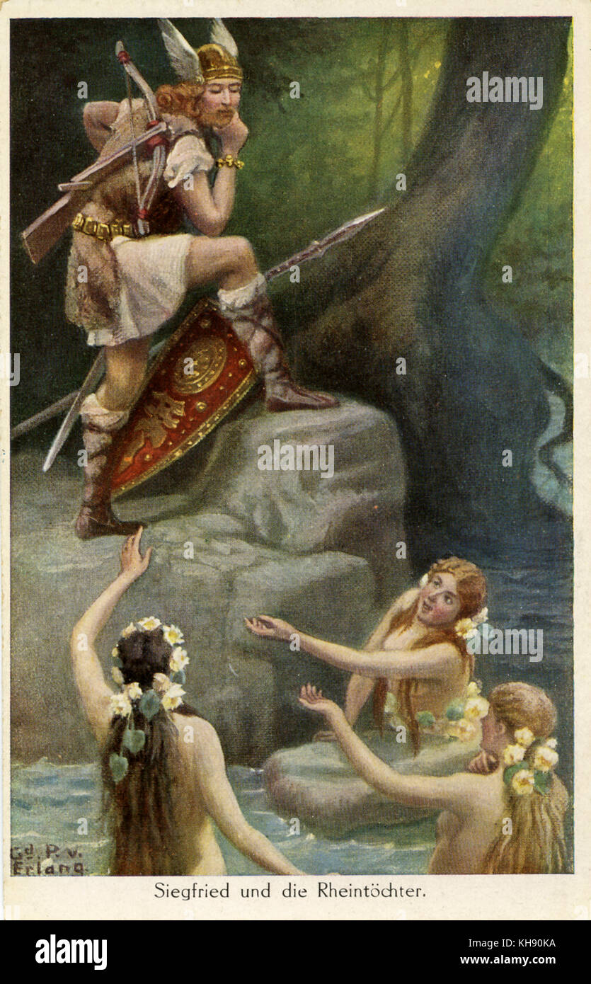 Siegfried und die Rheintöchter (Siegfried and the Rhinemaidens) from 'Götterdämmerung' by Richard Wagner - illustration. Der Ring des Nibelungen (The Ring of the Nibelung, Ring Cycle). Wagnerian tetralogy. German composer & author, 1813-1883. Caption on back reads: 'Keep it, hero,/ and ward it well/ until you learn the calamity/ that is enclosed in the ring.' ('Behalt' ihn, Held,/ und wahr' ihn wohl,/ bis du das Unheil rätst,/ das in dem Ring du hegst.') Stock Photo