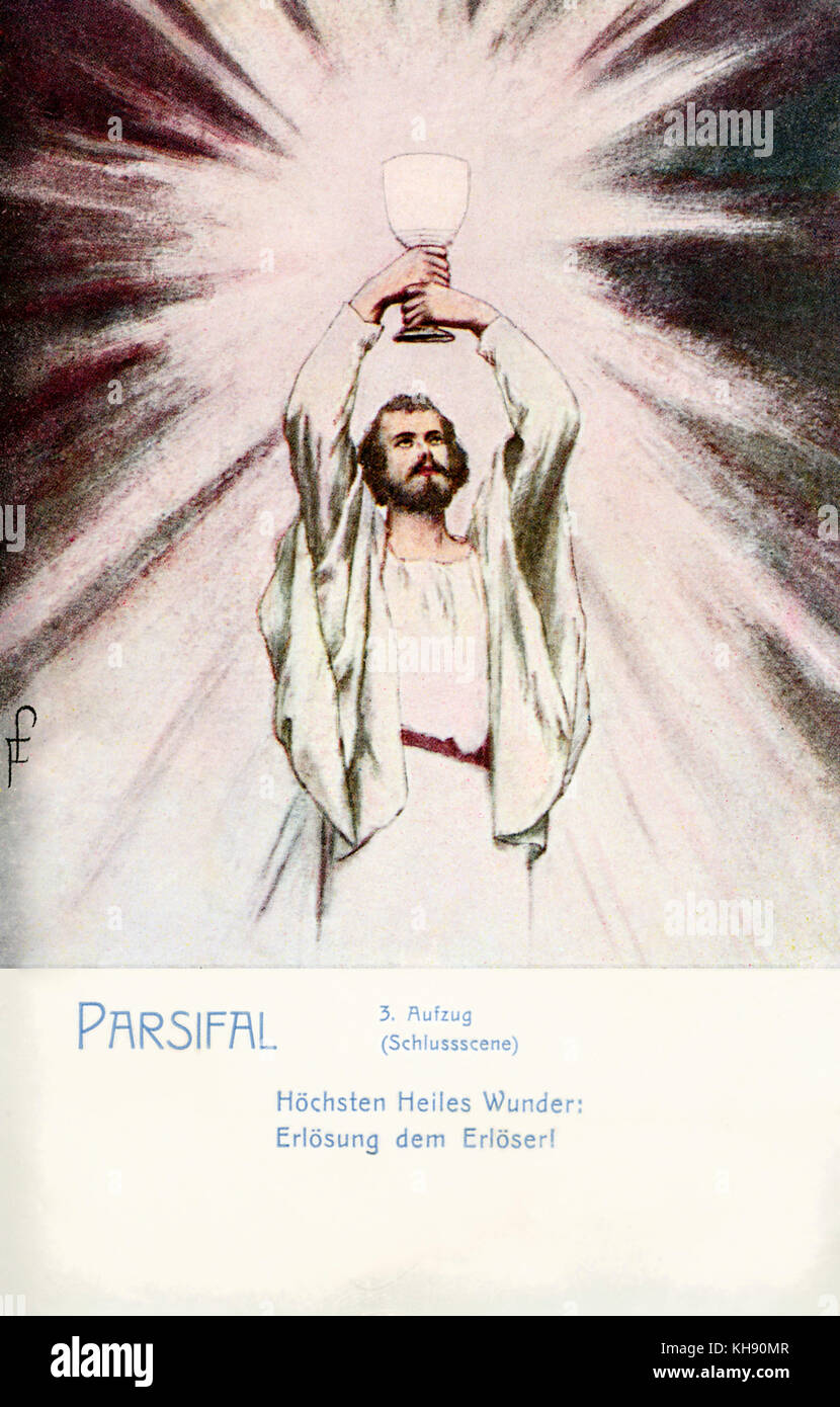 Parsifal by Wagner - illustration. Richard Wagner, German composer & author: 22 May 1813 - 13 February 1883. Illustration of Parsifal raising the Holy Grail aloft. Caption from Act III, final scene reads: 'Supreme miracle of salvation! Redemption to the Redeemer!' ('Höchsten Heiles Wunder:/ Erlösung dem Erlöser!'). Stock Photo