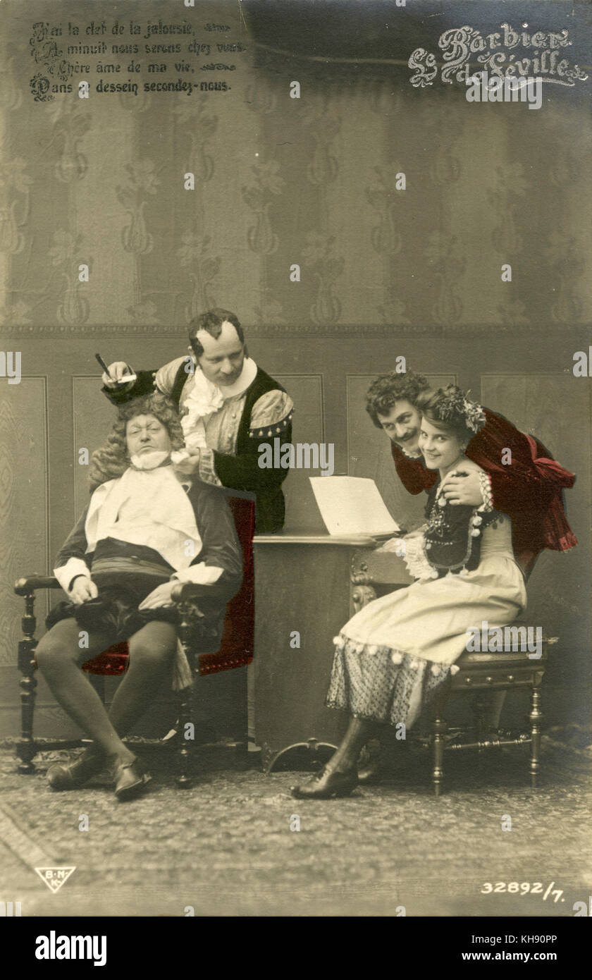 Le Barbier de Séville (The Barber of Seville) by Gioachino Rossini: Italian composer: 29 February 1792 - 13 November 1868. Figaro shaving Dr Bartolo; Rosina and Lindoro (Count Almaviva). Caption reads: 'I have the key of jealousy,/ At midnight we will be at your home/ Dear soul of my life/ you will aid me in this plan' ('J'ai la clef de la jalousie,/  A minuit nous serons chez vous/ Chere âme de ma vie/ Dans ce dessein secondez-nous'). No.7 from a series of 12. Stock Photo
