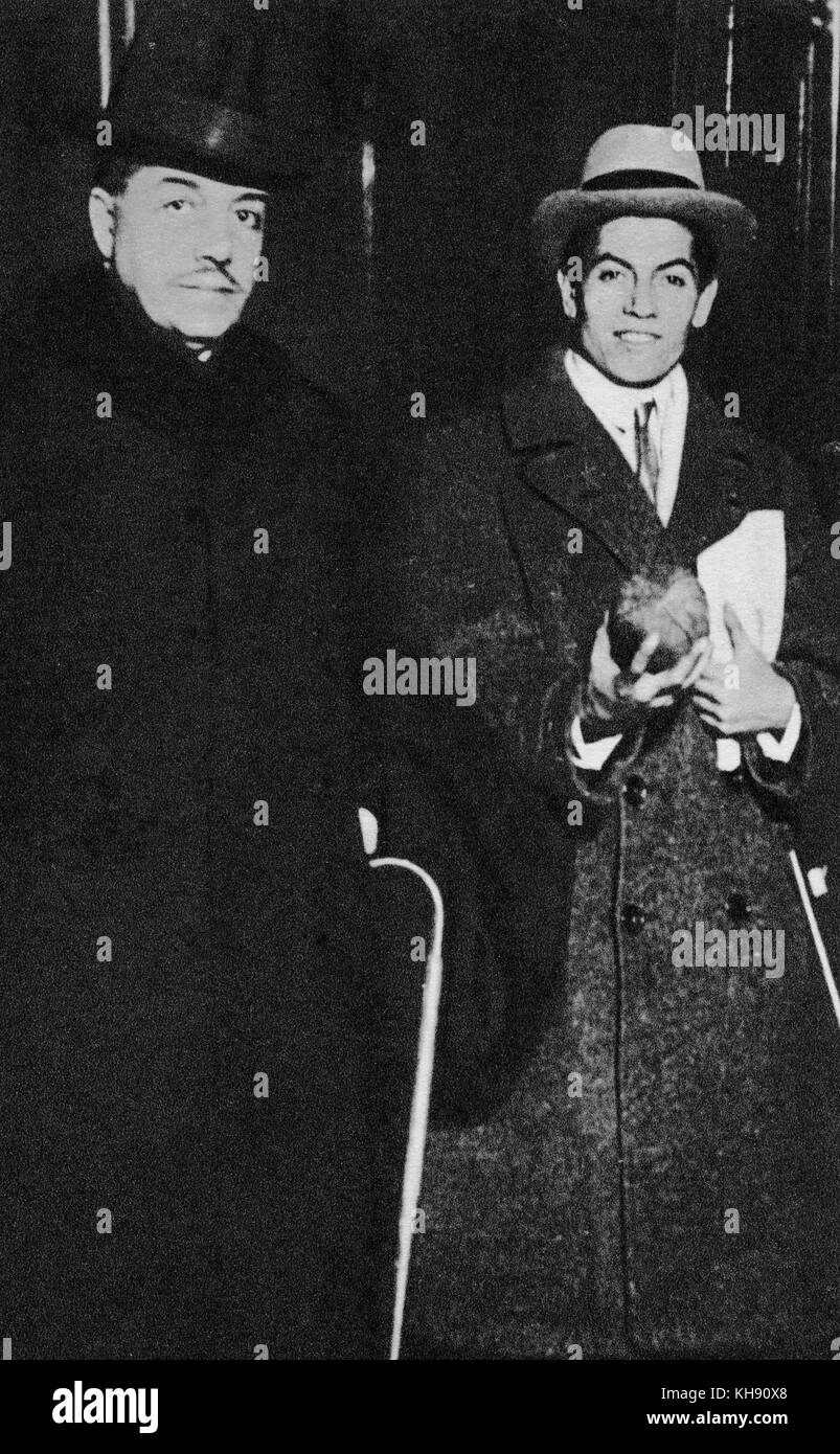 Sergei Diaghilev and Serge Lifar in 1927. SD: Russian impressario, creator of the Russian Ballet, 31 March 1872 - 19 August 1929. SL:  French ballet dancer and choreographer of Ukrainian origin, 15 April 1905 – 15 December 1986. Stock Photo