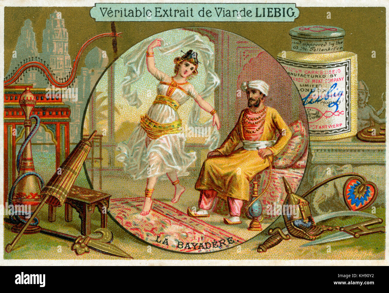 The Temple Maiden, also known as The Temple Dancer. Ballet originally choreographed by Marius Petipa to the music of Ludwig Minkus. First performance 1877. Caption reads: 'La Bayadère'. Liebig card series (1889). Stock Photo