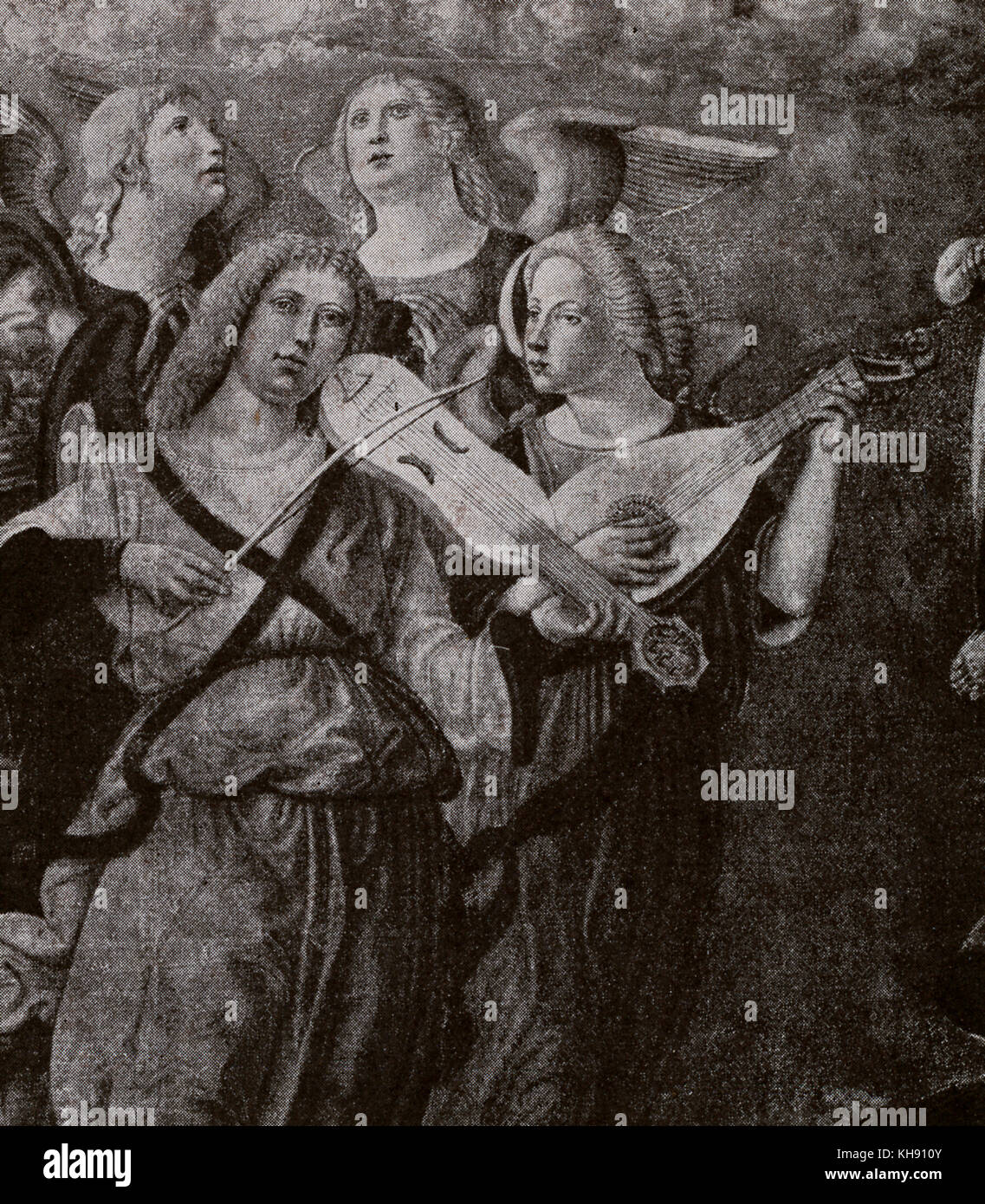 Angels playing instruments. (Double flute, lute, psaltery, timbrel, guitar-fiddle, mandola).Image part of 'The Ascension of the Virgin' (c.1500), by Girolamo di Benvenuto. Stock Photo