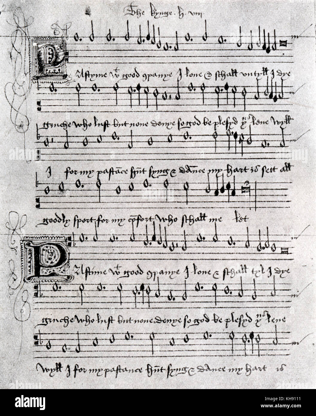 Pastime with Good Company - Madrigal. Musical score for a three-part madrigal alleged to have been written by Henry VIII of England. Sixteenth century. Archived at the British Museum. Stock Photo