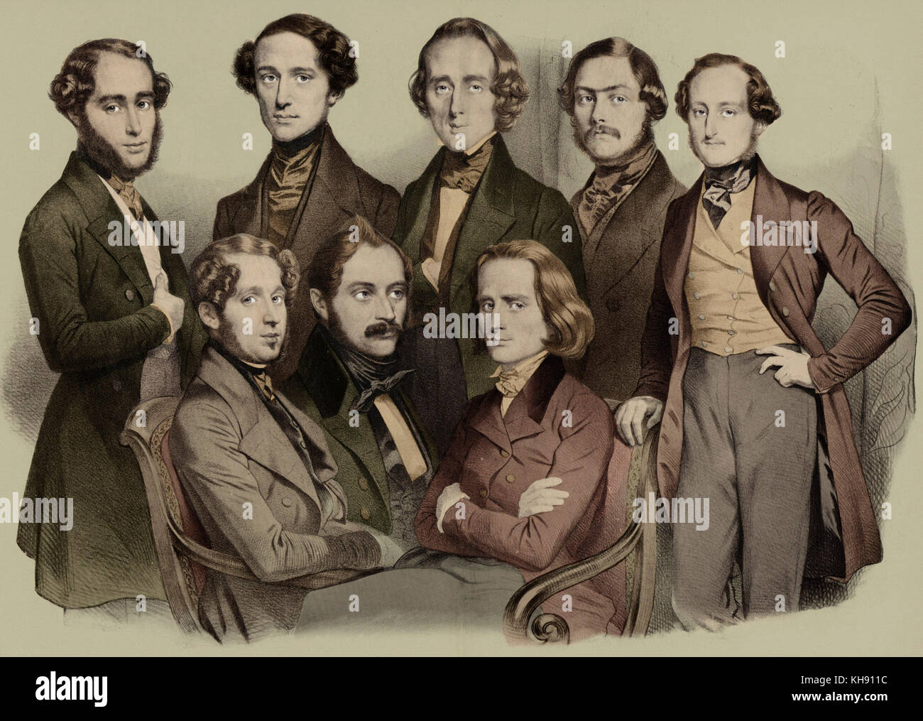 CHOPIN - Young school of Paris pianists Lithograph by Maurins. Standing l. to r. J.Rosenhain, Döhler, Chopin, A. Dreyschock & Thalberg. Sitting - E. Wolff, Henselt & Liszt   Frederic Chopin Polish composer (1810-1849) Stock Photo