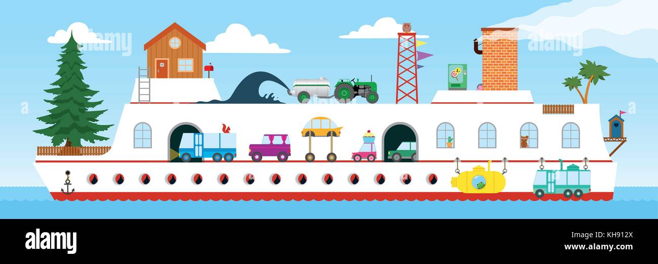 Children illustration of a big cruise or ferry ship with cars and animals - vector Stock Vector