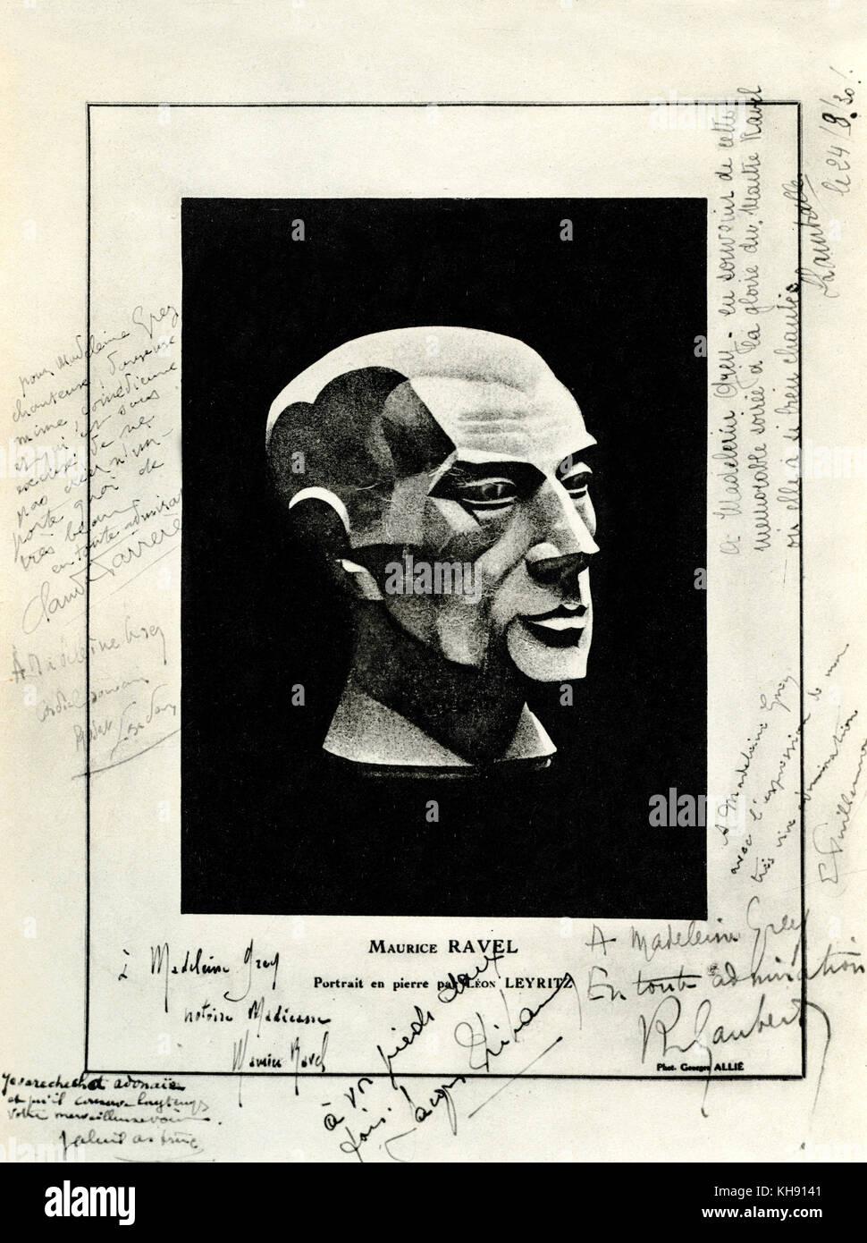 Bust of Maurice Ravel by Léon Leyritz. From programme of Festival Ravel, 24 August 1930. With signatures of Claude Farrère, Gabriel Astruc, Maurice Ravel, Jacques Thibaud, Emile Vuillermoz, Ph. Gaubert, R. Casadesus and Lucienne Lamballe. MR: French composer, 17 March 1875 - 28 December 1937. LL: French sculptor, 1888 - 1976. Stock Photo