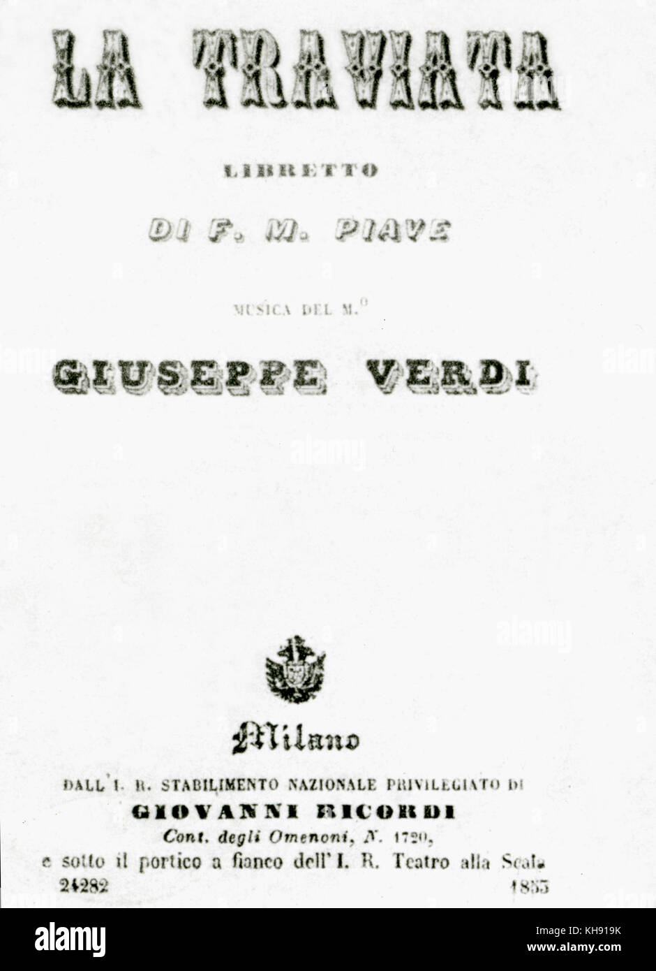 La Traviata - opera by Giuseppe Verdi. Title page. Libretto by Francesco  Maria Piave. Published 1855, Milan. GV: Italian composer, 9 or 10 October  1813 - 27 January 1901 Stock Photo - Alamy