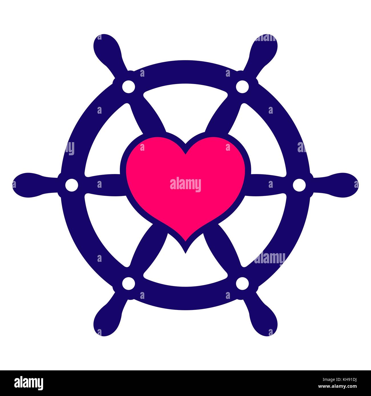 Navy colored ship steering wheel icon with pink heart at centre of wheel depicting search for love for use as a design element, vector illustration Stock Vector