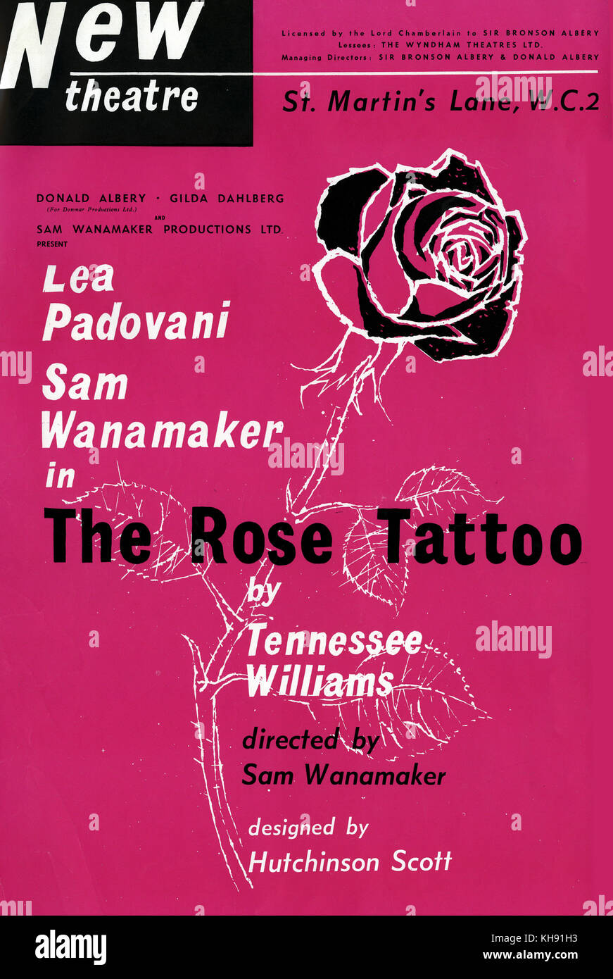 The Rose Tattoo - play by Tennessee Williams. Poster for production at New Theatre, London, 1957.  With Sam Wanamaker and Lea Padovani. Directed by Sam Wanamaker. Designs by Hutchinson Scott. Stock Photo