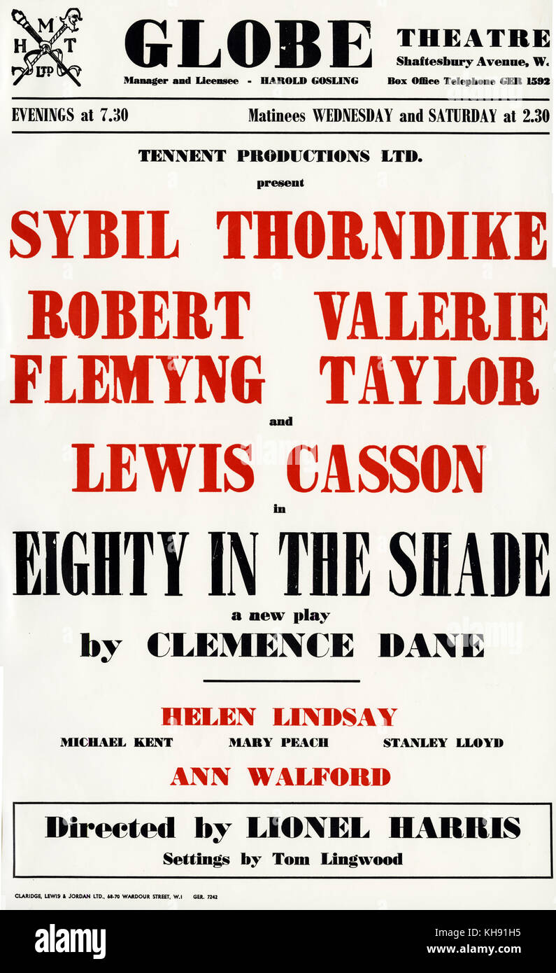 Eighty in the Shade - play by Clemence Dane. Poster for premiere at Globe Theatre, London, 1959. With Sybil Thorndike, Robert Flemyng, Valerie Taylor and Lewis Casson. Directed by Lionel Harris. Set designs by Tom Lingwood. Stock Photo