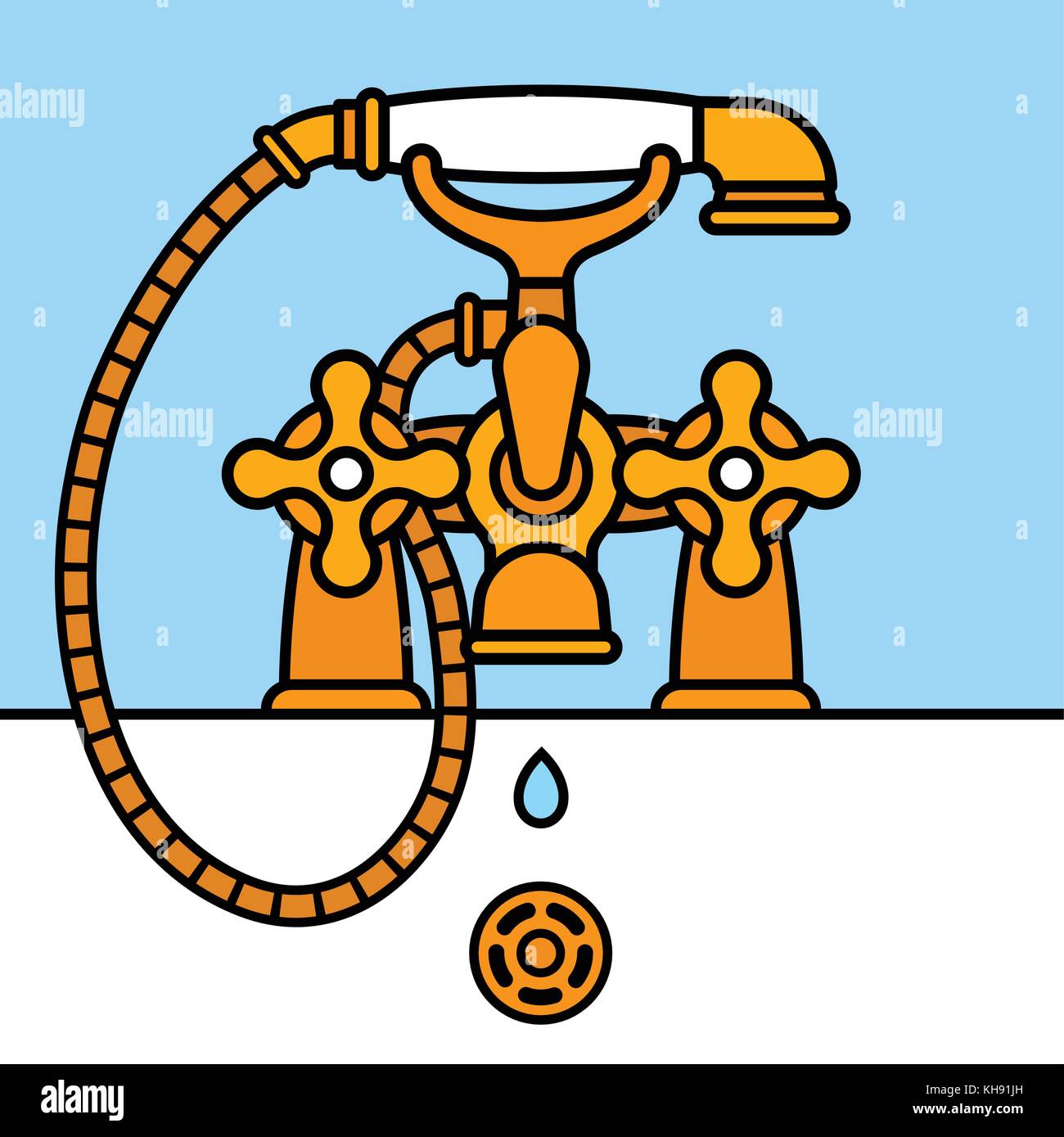 Front view on elegantly designed graphic vector of brass bathtub faucet