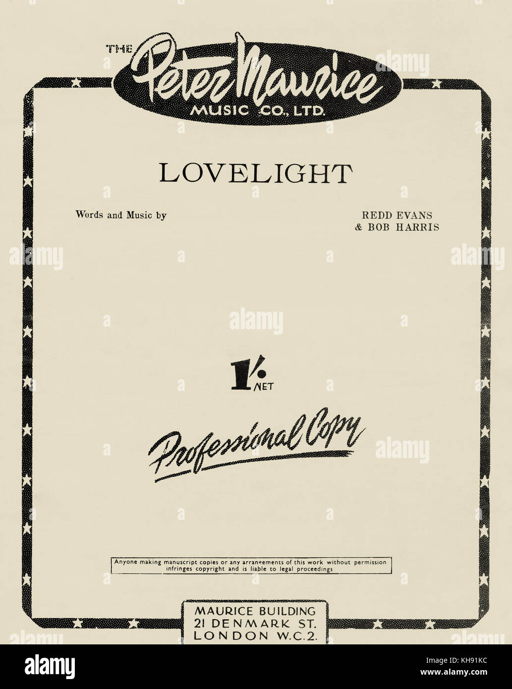 Lovelight song with words and music by Redd Evans Bob Harris. Score cover. Pulished by Peter Maurice Music Co, Ltd, London, UK, 1952 Stock Photo - Alamy