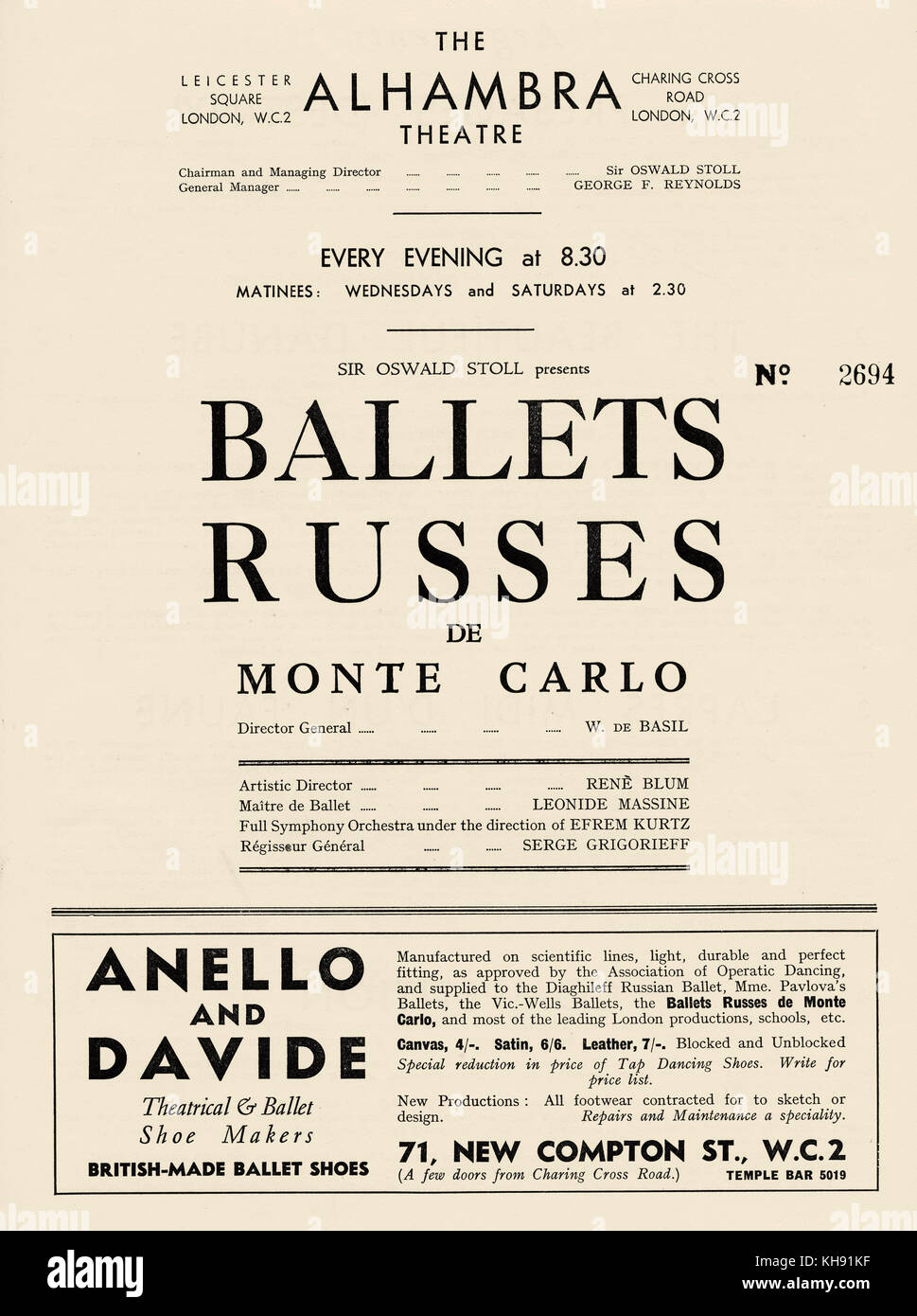 Ballets Russes de Monte Carlo - poster for season at Alhambra Theatre, London.  (c. 1993) Performances of Les Présages (Destiny), The Beautiful Danube, L'Apres-Midi d'un Faune, Competition, Scuola di Ballo, The Swan Lake, Beach, Prince Igor, Carnaval, Petrouchka and Nocturne.  Production directed by W. de Basil. Wassily de Basil, Russian ballet impresario, 1880 – 27 July 1951. Stock Photo