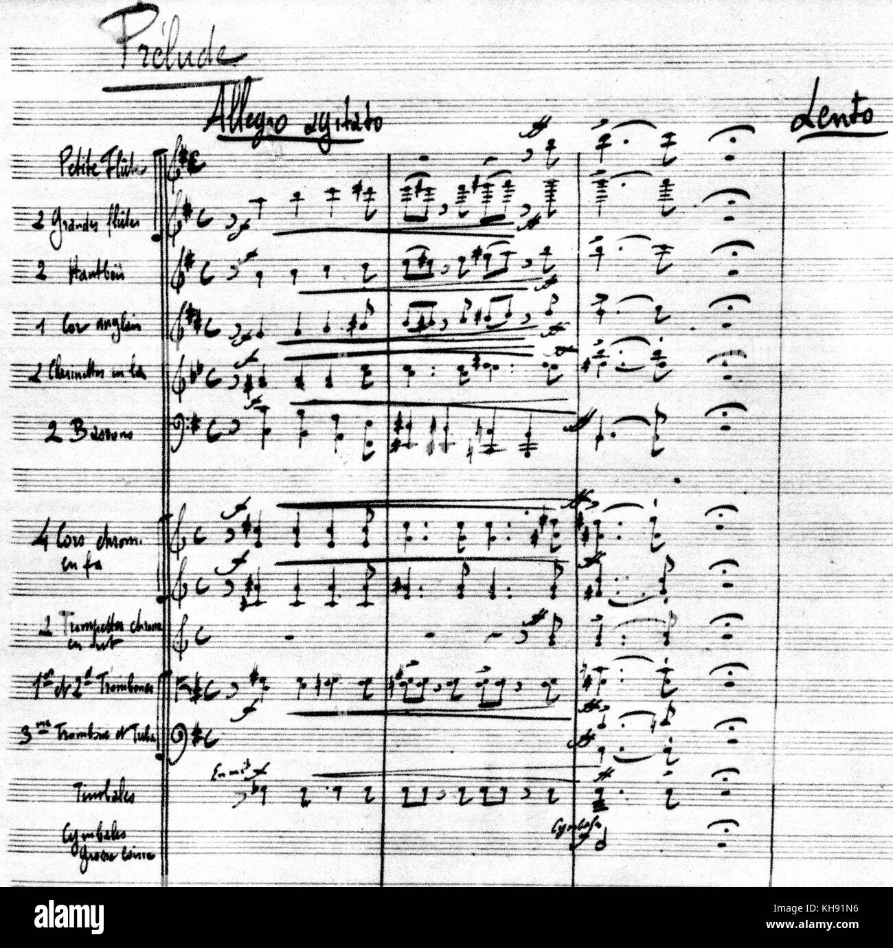 Maurice Ravel - Fragment (for wind and percussion) from prelude cantata  'Alcyone', 1902. Ravel 's entry for his second unsuccessful attempt at the Prix de Rome. Signed by composer. MR; French composer, 17 March 1875 - 28 December 1937. Stock Photo