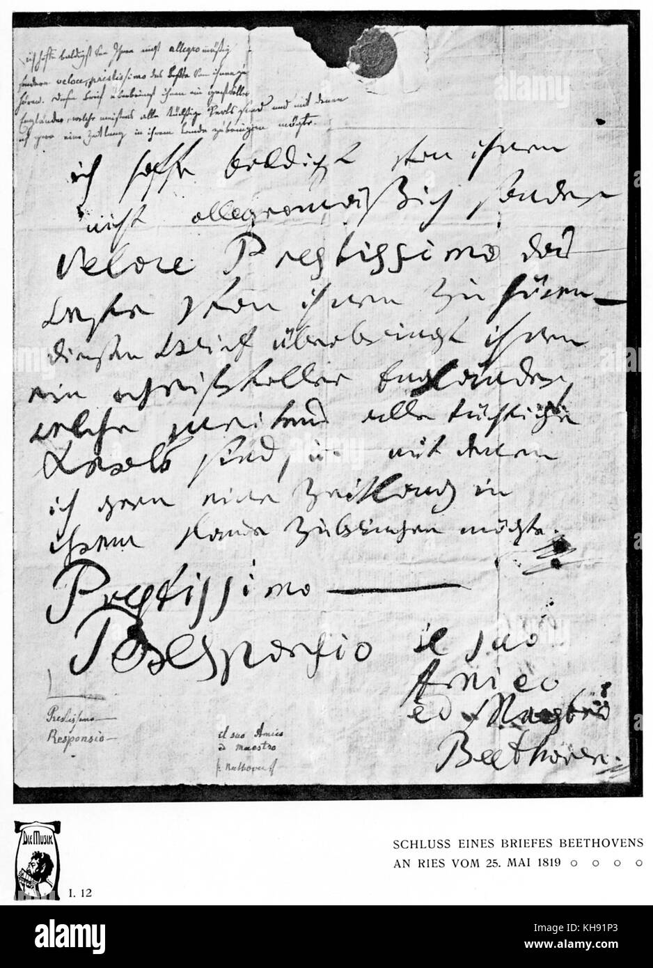 Ludwig van Beethoven 's letter to Ferdinand Ries from 25 May 1819.  End of letter. LVB: German composer, 17 December  1770- 26 March 1827. FR: German composer who worked as Beethoven's secretary and copyist. baptised 28 November 1784 - 13 January 1838. Stock Photo