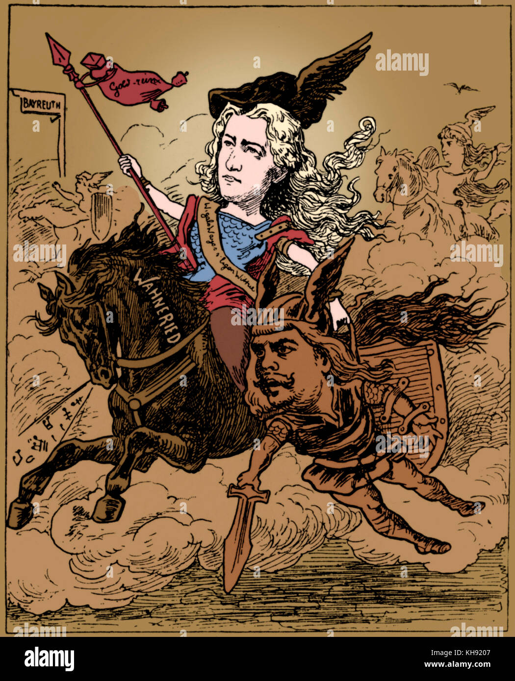 WAGNER, Cosima - caricature - dressed as character from Wagner's opera Ring Cycle / Nibelungen. ' Frau Cosimas Walkürenritt ' ( Miss Cosima's Ride of the Valkeries) Cosima pictured as Brünnhilde, carrying Ernst van Dyck as Siegmund. Die Walkure Stock Photo