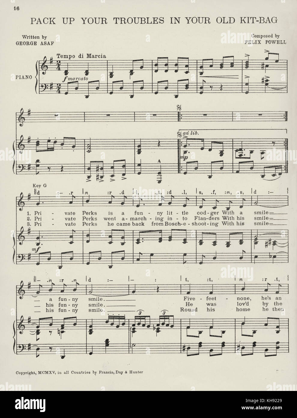 Pack Up Your Troubles in Your Old Kit- Bag' - song composed by Felix Powell  with lyrics by George Asaf. 1915. Page 1 of 3. Popular during World War 1  Stock Photo - Alamy