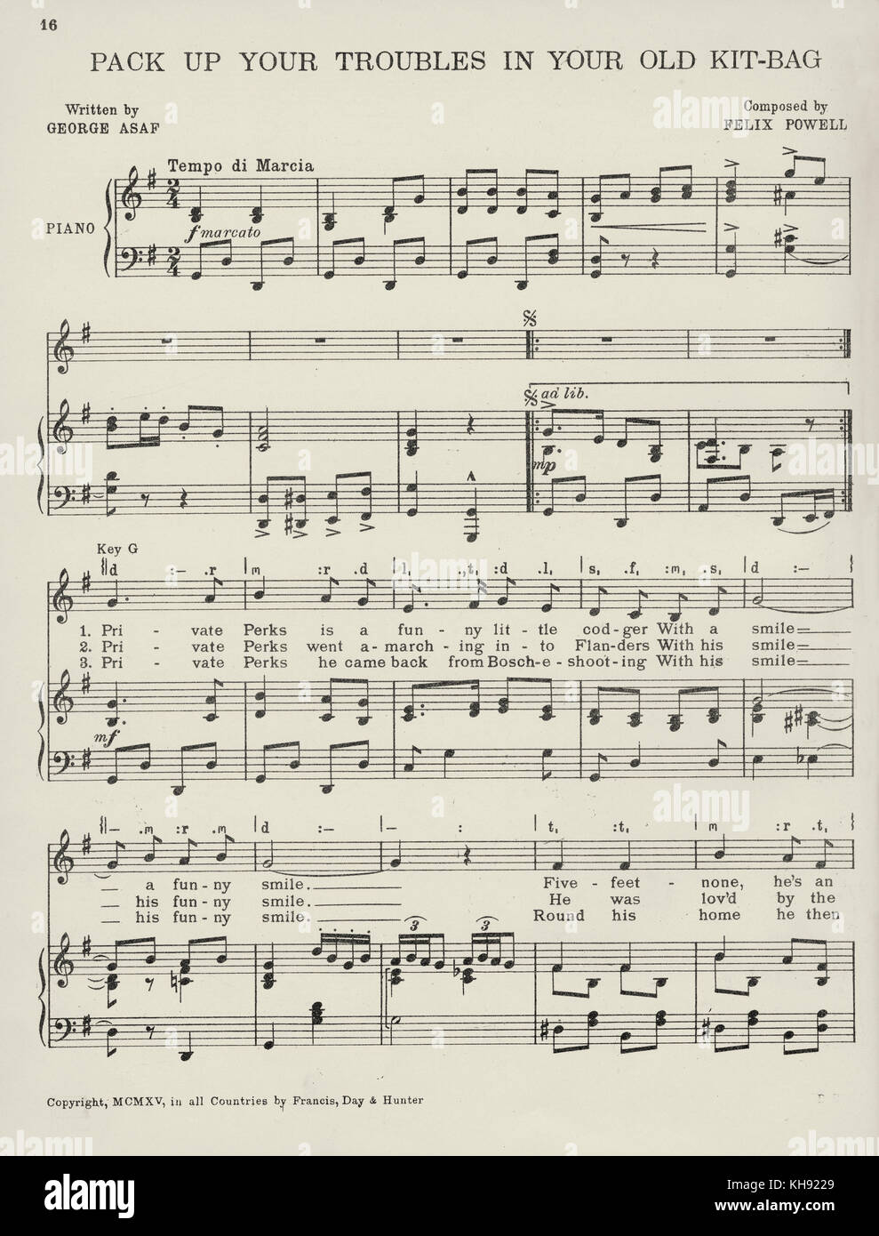 'Pack Up Your Troubles in Your Old Kit- Bag' - song composed by Felix Powell with lyrics by George Asaf. 1915. Page 1 of 3.  Popular during World War 1. Stock Photo