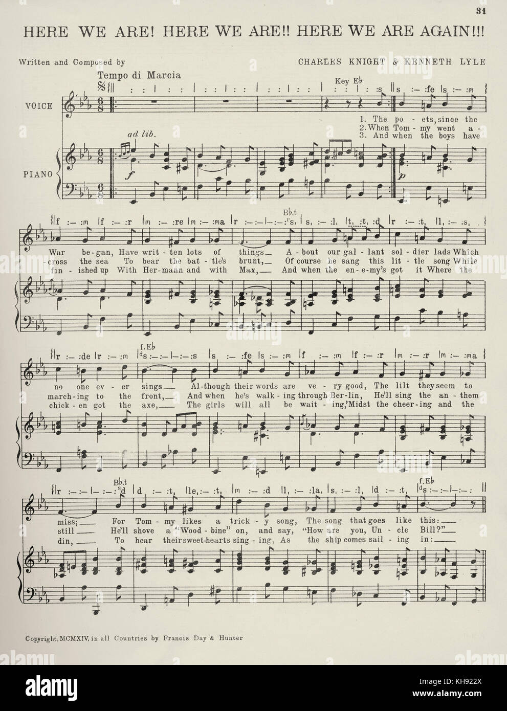 'Here We Are! Here We Are!! Here We Are Again!!!' - song written and composed by Charles Knight and Kenneth Lyle. 1914. Popular during World War One. Page 1 of 3. Stock Photo