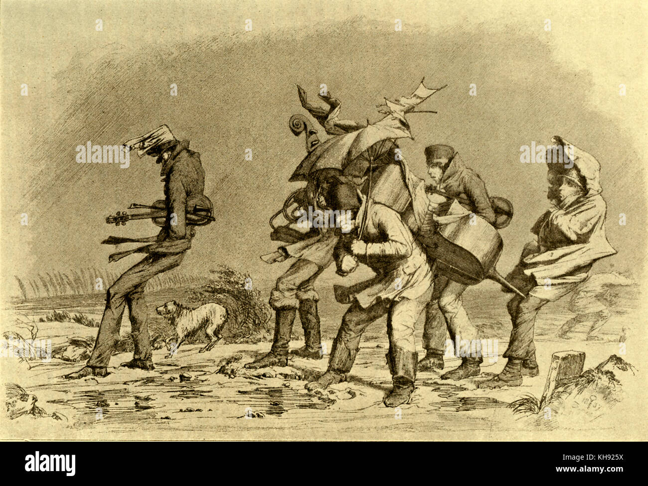 Wandering Musicians ('Wandernde Musikanten') - caricature by Schrödter, 19th century. Wandering in bad weather conditions. Stock Photo
