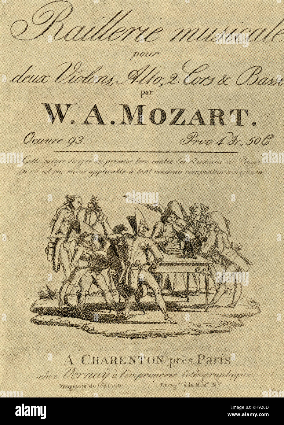 A Musical Joke by Wolfgang Armadeus Mozart: title page. German: Ein musikalischer Spaß. French version. Published at Charenton. Divertimento for two horns and string quartet.  K. 522. WAM: Austrian composer, 27 January 1756 - 5 December 1791. Stock Photo