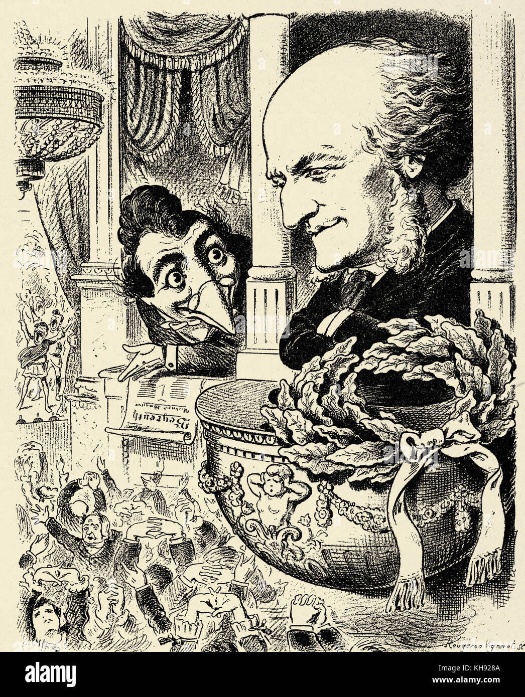 Richard Wagner and Kikeriki - caricature. Wagner: 'Look, dear friend, a few people down there are already applauding'. Kikeriki: 'You are mistaken, Master, they're streching their hands above their heads from boredom'. Published in Kikeriki, 3 August 1882. (German. Wagner: Sehen Sie, lieber Freund, dort applaudieren schon wieder Einige. Kikeriki: Sie irren, grosser Meister, die schlagen bls die Händ' über'n Kopf zusamm'.) Stock Photo