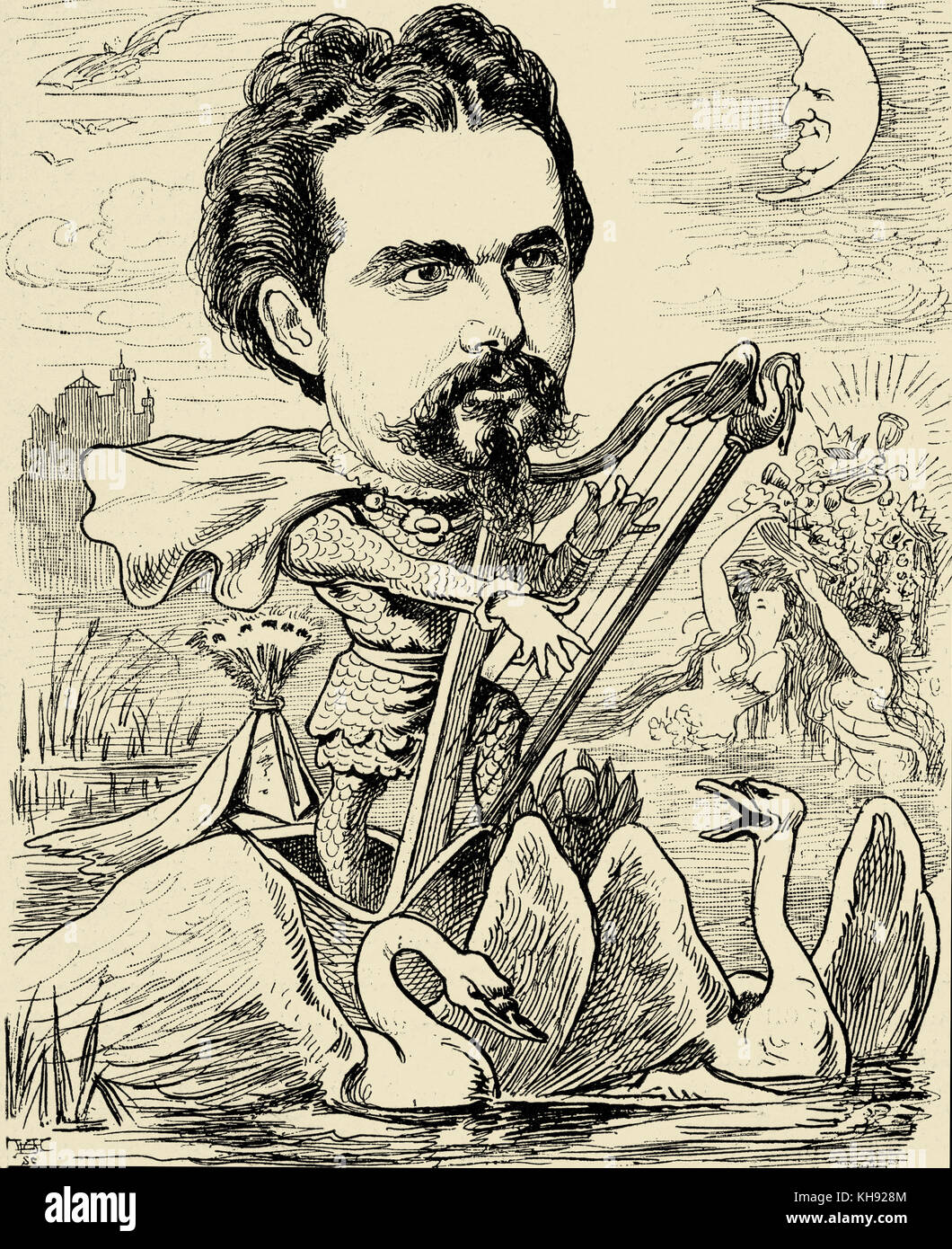 Ludwig II of Bavaria: 'Lohengrin King' - caricature published in 'Der Floh', 30 August 1885.  Known as the Swan King. 25 August 1845  – 13 June 1886. Wagner connection. Stock Photo
