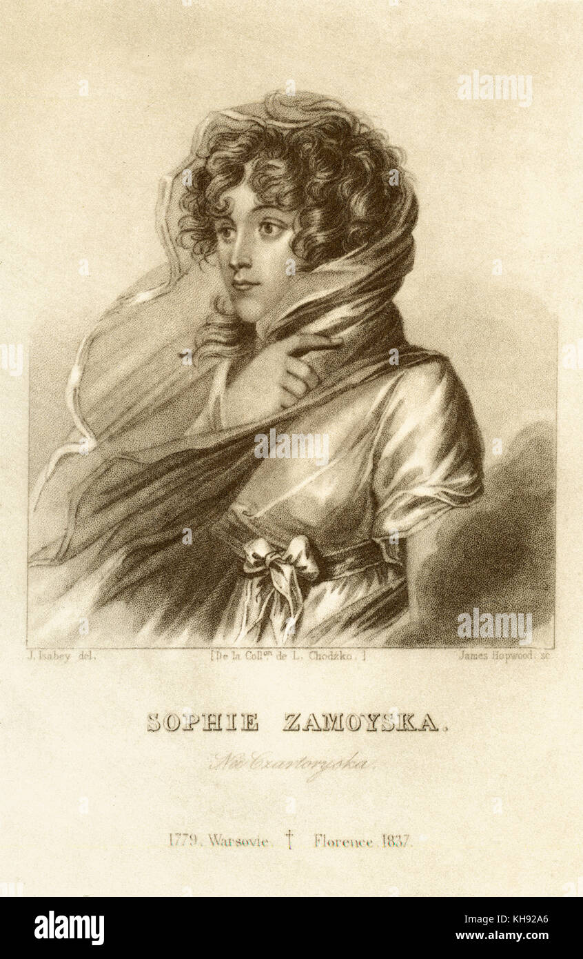 Zofia Zamoyska - portrait. Daughter of Prince Adam Kazimierz Czartoryski, wife of Count Stanislaw Zamoyski and founder of Charitable Society in Warsaw. 1779 - 1837. Young Frederic Chop played in her drawing rooms. From steel engraving by James Hopwood after portrait by Jean-Baptiste Isabey. Stock Photo