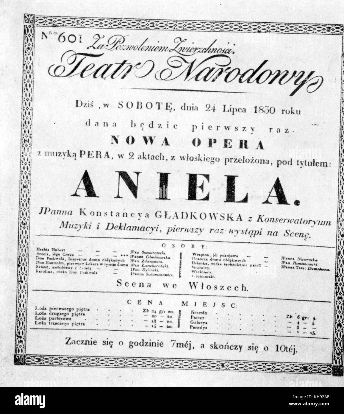 Ferdinando Paer's opera Agnese. Programme for performance at National Theatre, Warsaw on 24 July 1830.  FP:  Italian composer, he was the master of the chapel of Napoléon the First and the manager of the Opéra Comique in Paris. 1 July 1771 - 3 May 1839. Stock Photo