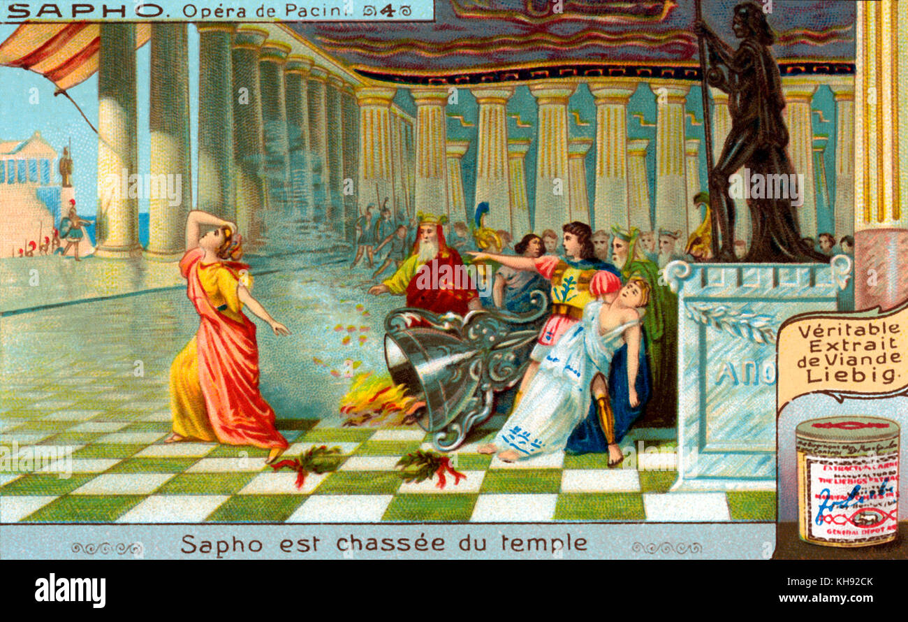 Saffò: opera by Giovanni Pacini.  Upon finding that her suitor Faone is to marry Climene, Sappho flies into a rage at their wedding and vandalisies Apollo's alter. She is chased from the temple. Opera premiered at  Teatro San Carlo in Naples, on 29 November 1840. Libretto by Salvadore Cammarano, based on a play by Franz Grillparzer, after the legend of the ancient Greek poetess Sappho. Illustration on Liebig collectible card. 1921. GP: Italian composer,  17 February 1796 – 6 December 1867. Stock Photo