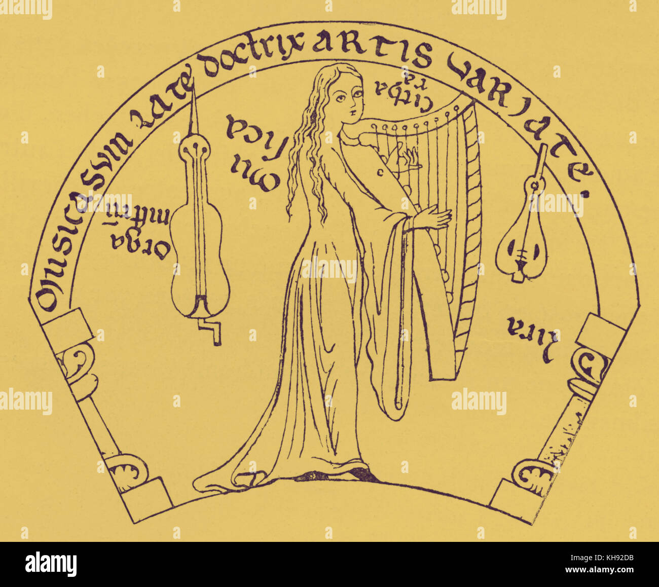 Female Musician Playing Harp ('Cythara') - pictured with  with organistrum (left) and lyra. Organistrum, early version of hurdy gurdy. From illustration in 12th century manuscript. Stock Photo