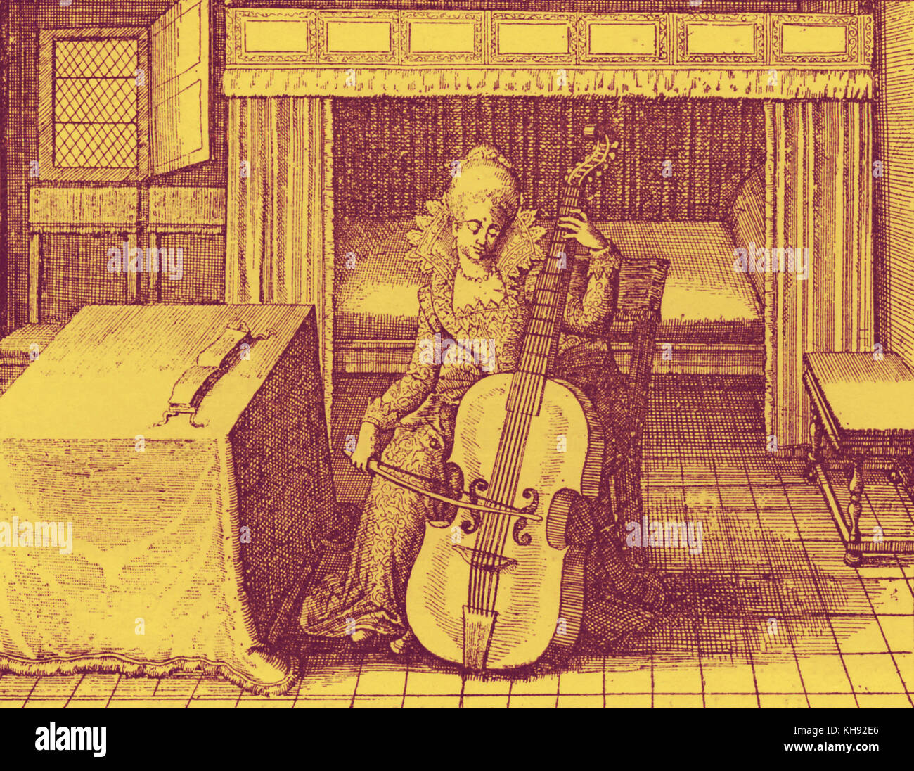 Lady playing bass viol, 17th century. Stock Photo