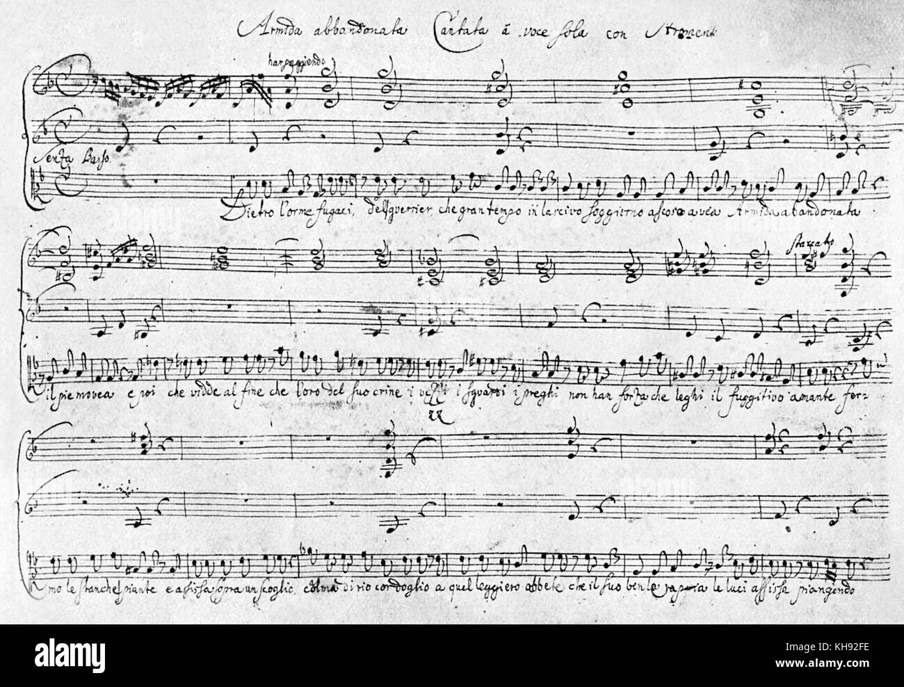 George Frideric Handel - page of hand-written score for the German / English composer 's  solo Cantata 'Armida abbandonata' Written Rome, Italy June 1707.  HWV 105. GFH:   German-English composer, 23 February 1685 - 14 April 1759 Stock Photo