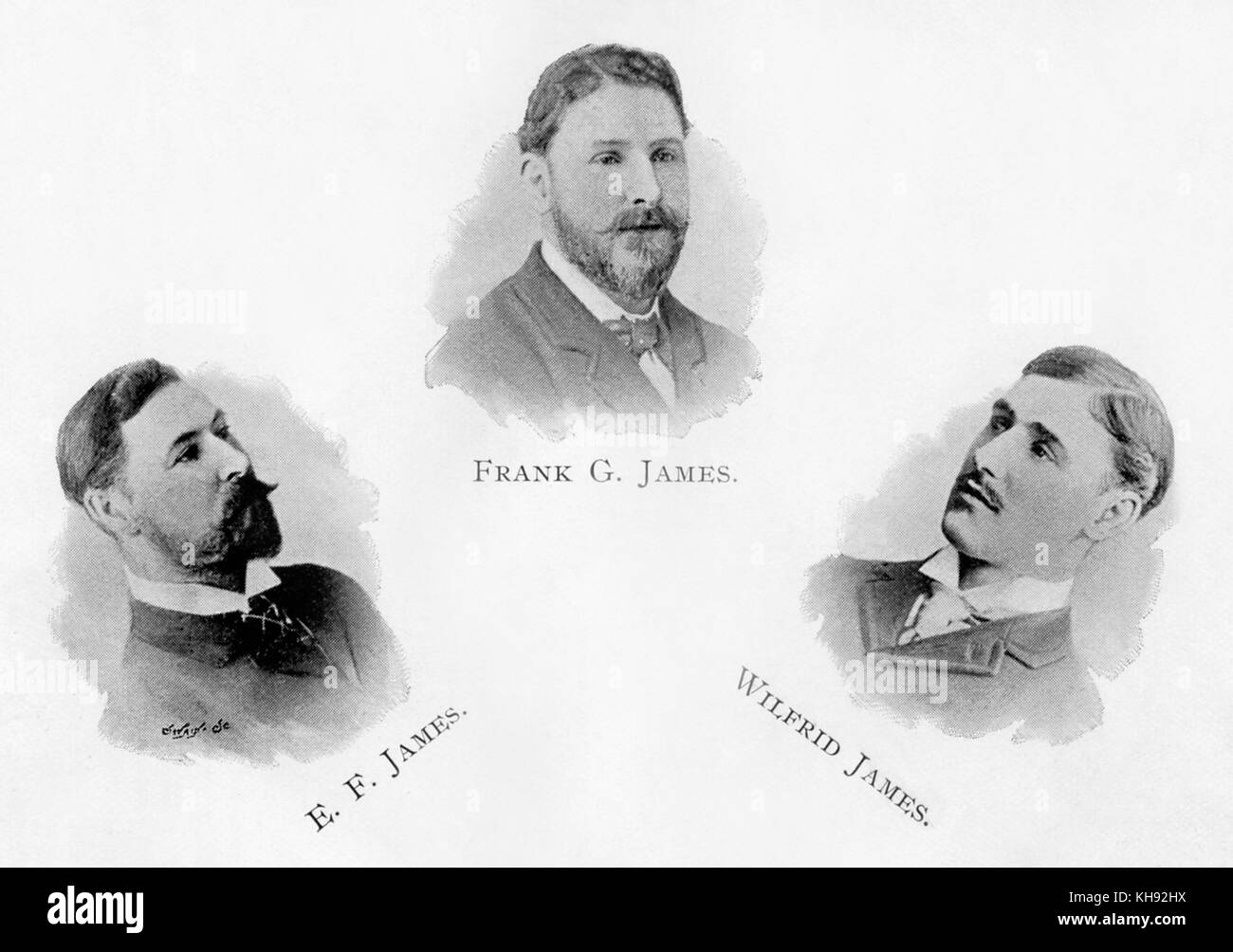 Edwin Frederick James, Frank Greenland James, Frank Greenland James and Wilfred James - Welsh bassoonist, trumpet and solo cornet player and bassoonist respectively. Brothers. Born: 16 February 1861; 30 September 1862; 5 March 1872. Stock Photo