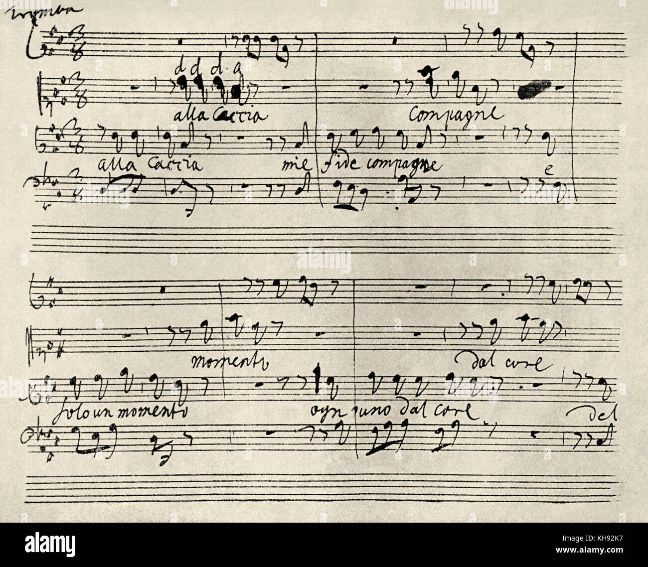 George Frideric Handel - page of hand-written score for the German / English composer 's   Cantata 'Diana Cacciatrice'  HWV 79. GFH:   German-English composer, 23 February 1685 - 14 April 1759 Stock Photo