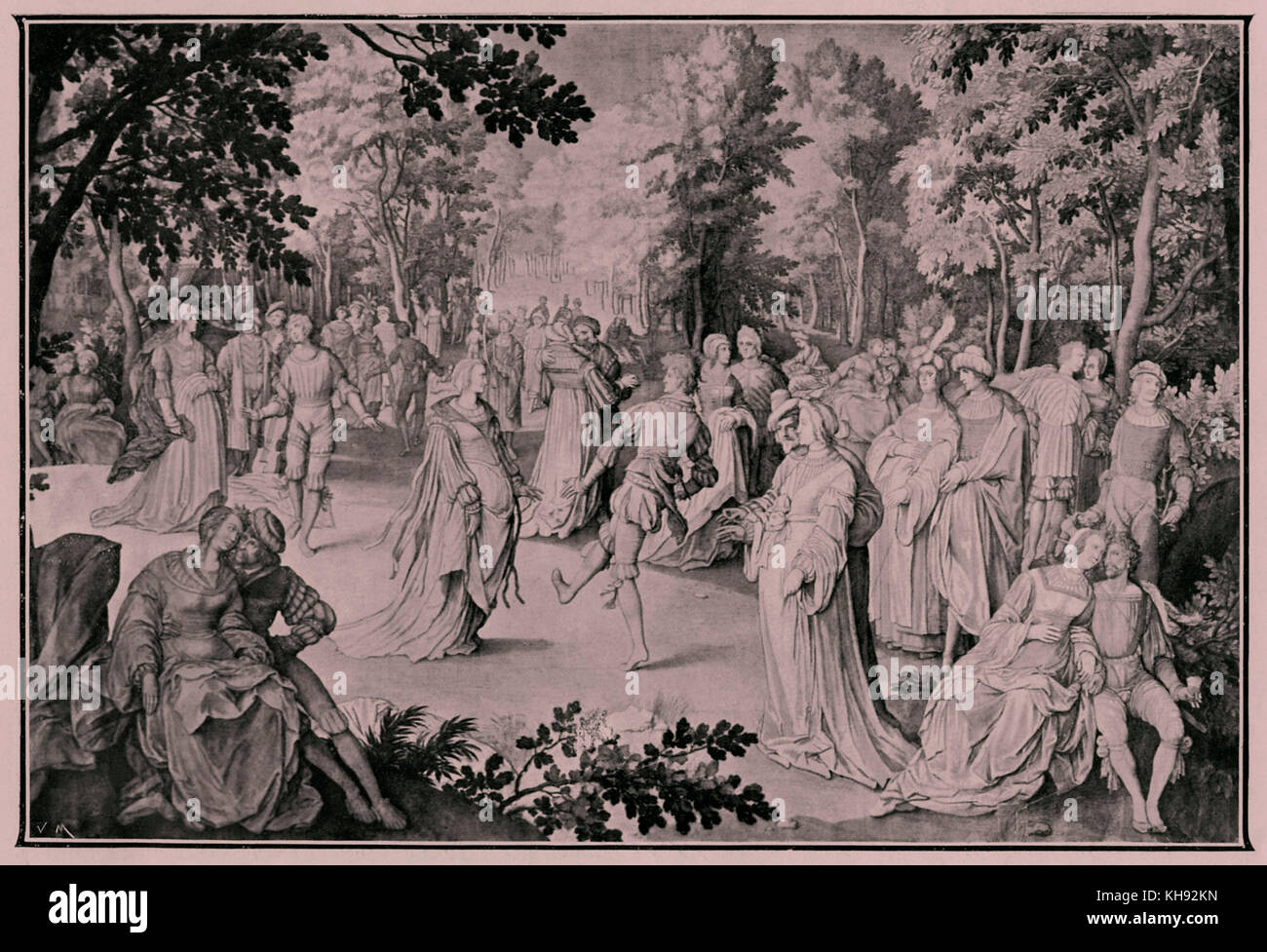 Ball in the Flemish court, 16th century. From engraving after painting by unknown artist. Stock Photo