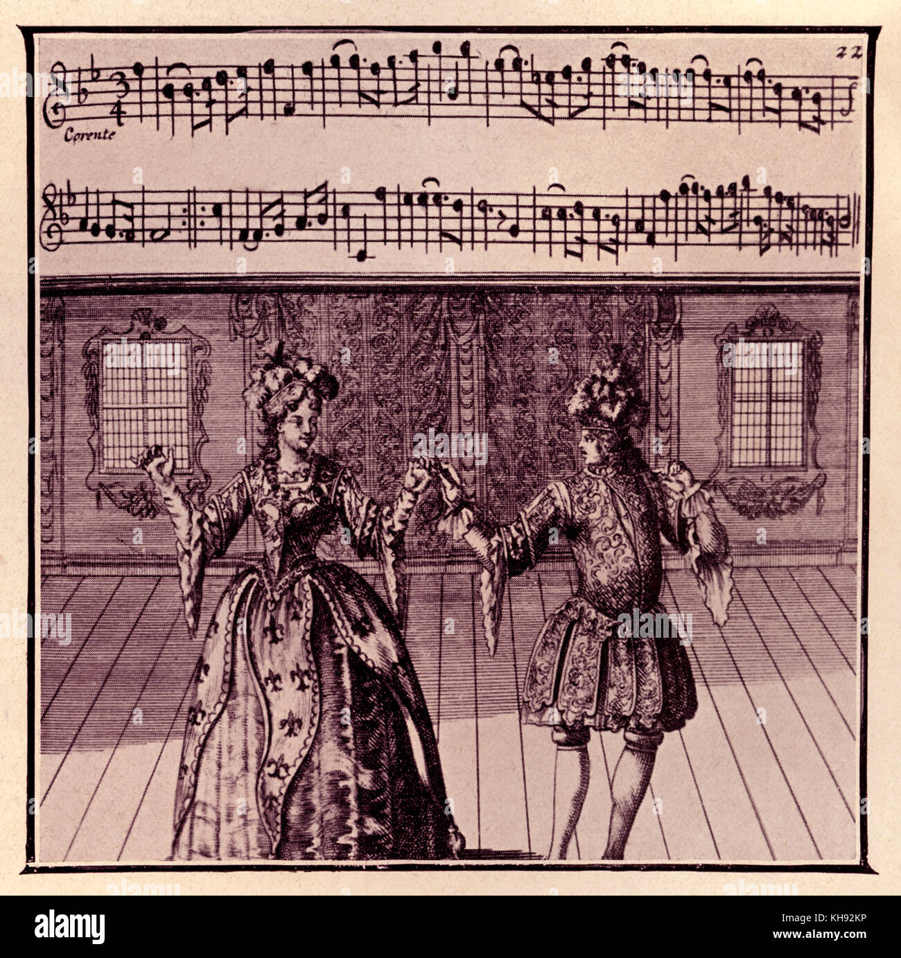 Dance of the Châtelain and Châtelaine - from engraving published in Lambrauzi's Ecole de Danse. Ballet dances of 17th/18th century. (French: 'Danse du Châtelain and  de la Châtelaine). Term of hereditary fiefdom. Stock Photo